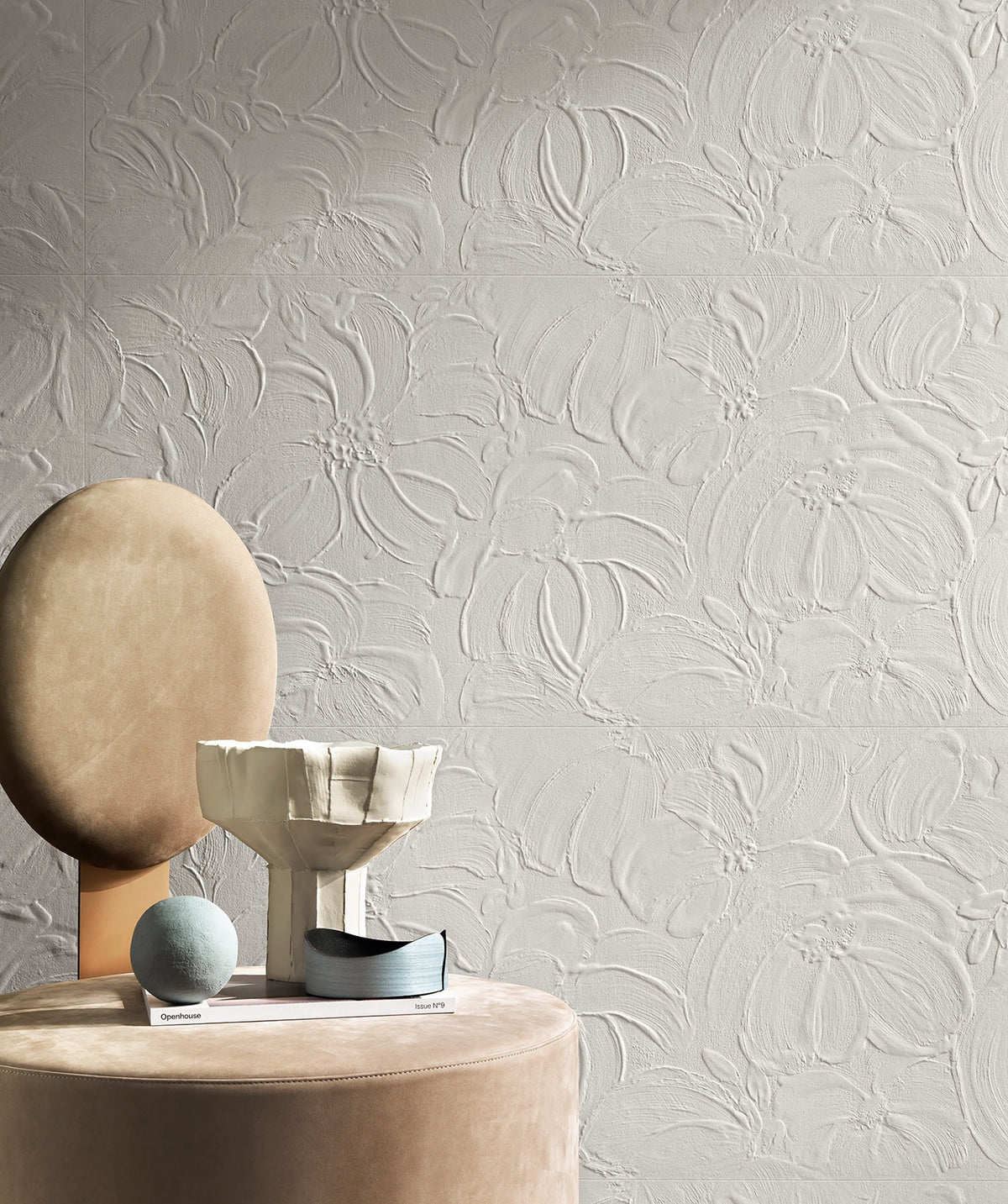 Pop Lounge Chair close-up of the taupe seat with sculptural vase
