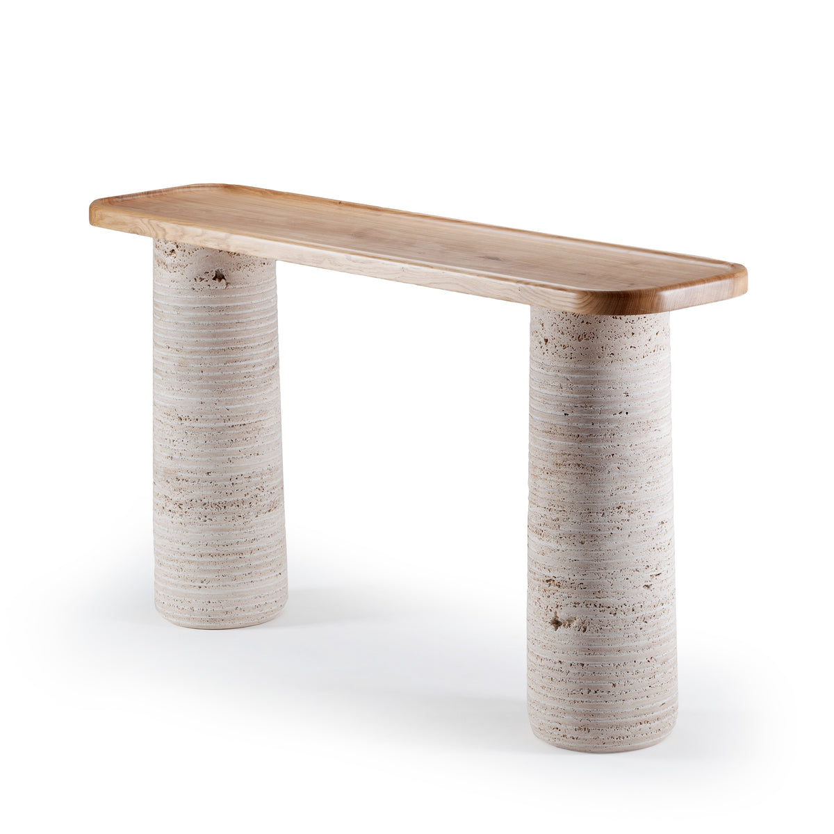 Poppy Console Table with Natural Oak top on travertine legs, three-quarter view