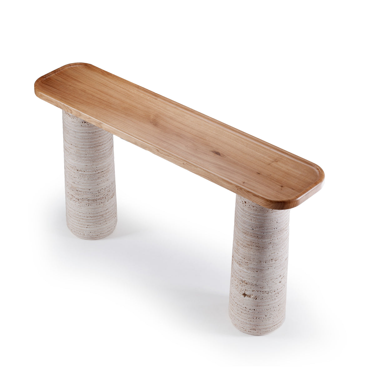 Poppy Console Table with Natural Oak top on travertine legs, elevated view
