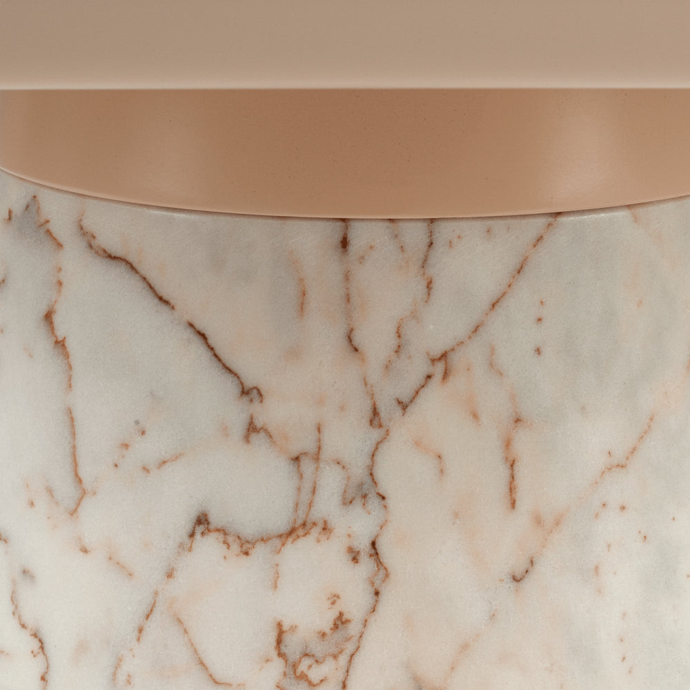 Poppy Dining Table - Lacquered Top close-up of Estremoz marble base with rust veining