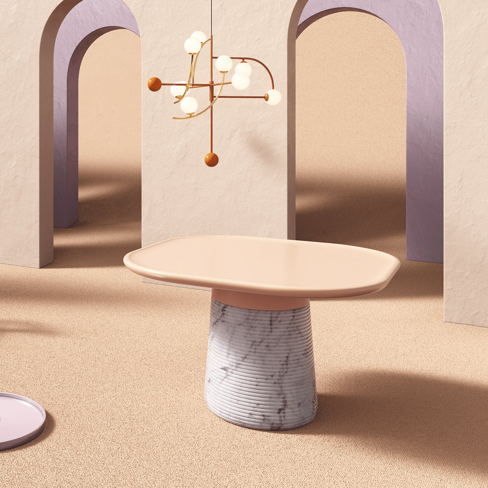 Poppy Dining Table - Lacquered Top in Nude on a marble base in a pink arched room