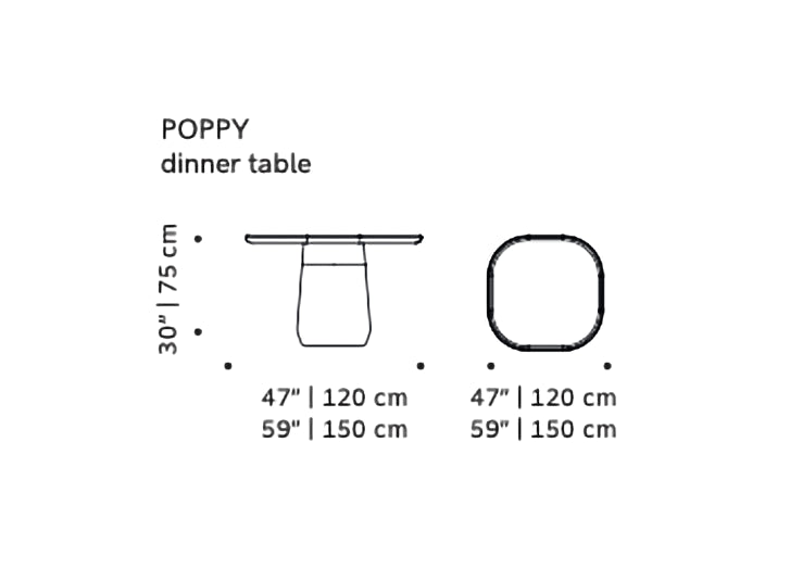 Poppy Dining Table - Marble dimension drawing: 30" (75 cm) high, Ø 47" (120 cm) or 59" (150 cm)