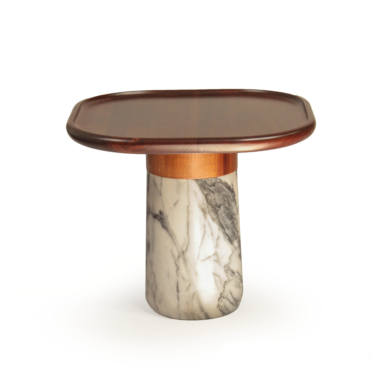 Poppy Side Table with walnut-tone tray top, copper ring and Estremoz marble base