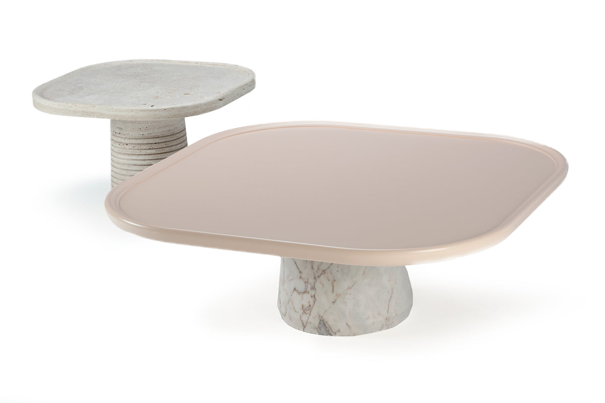 Poppy Side Table in travertine beside a matching low table with Nude Lacquered top