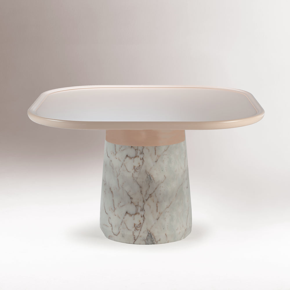 Poppy Dining Table - Lacquered Top with Nude lacquered top on a grey Estremoz marble base