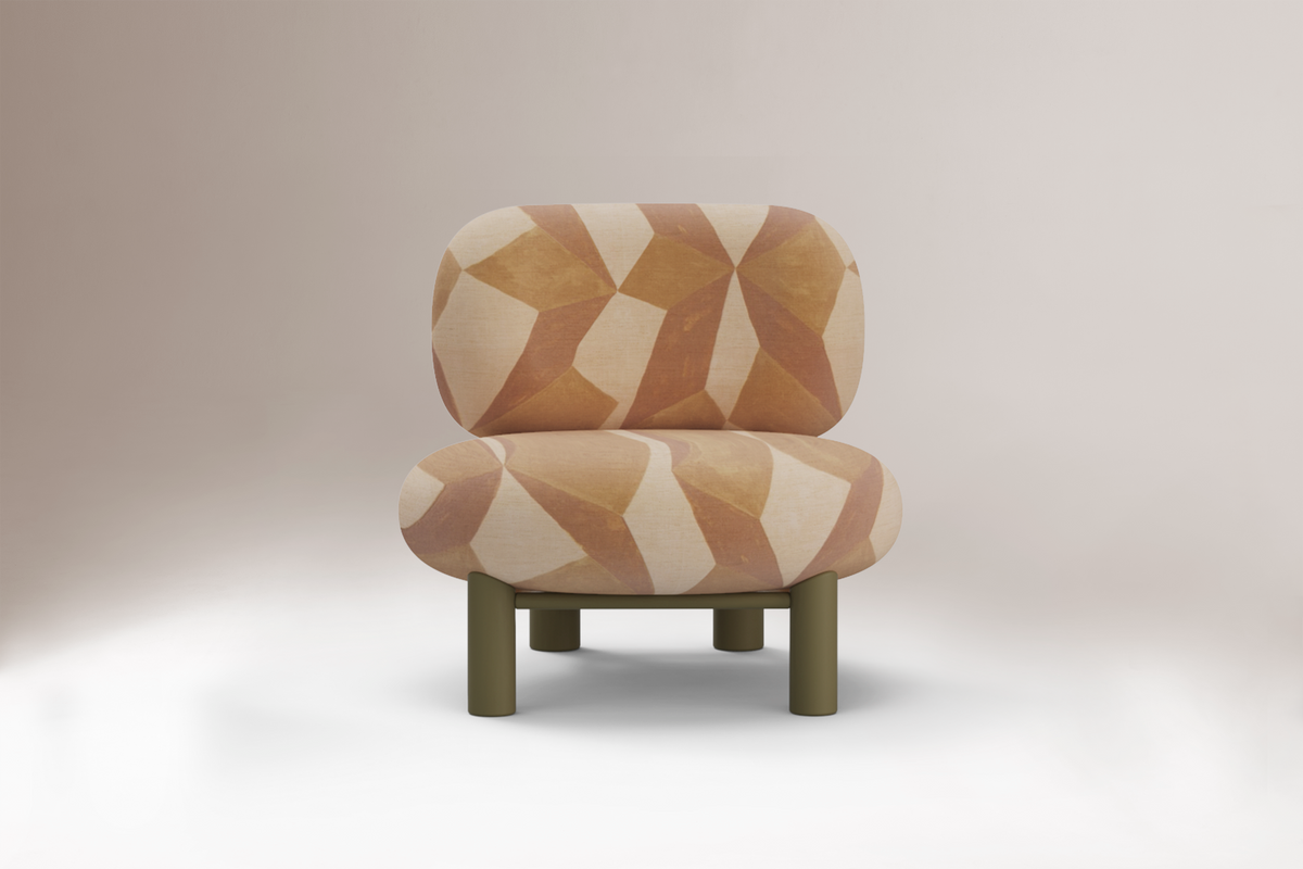 Aimi Lounge Chair in peach geometric fabric, straight-on front view on grey