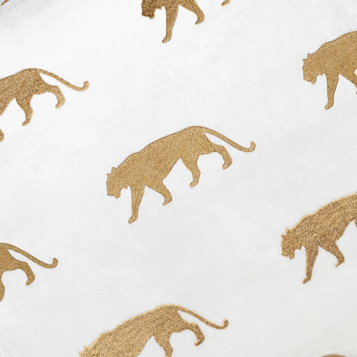 Rica Embroidered Pillow close-up of gold leopards embroidered on ivory fabric