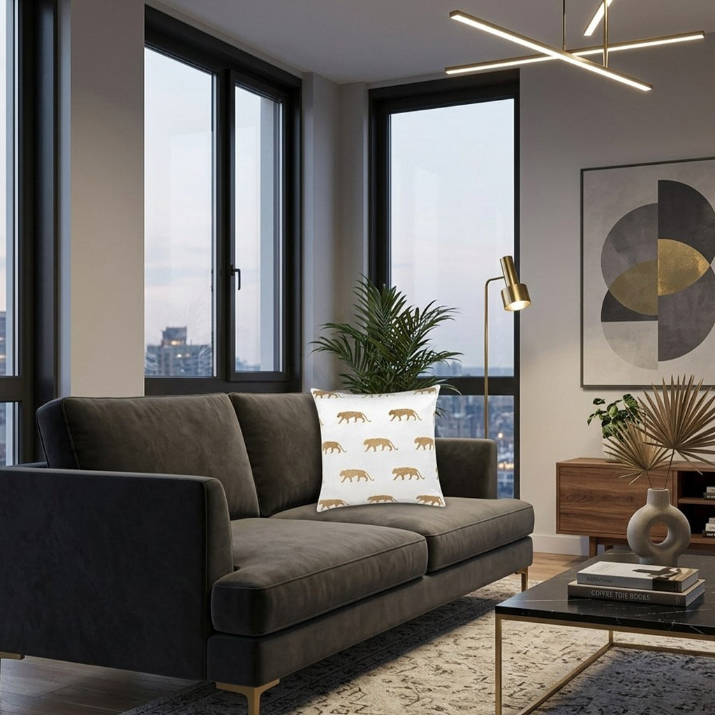 Rica Embroidered Pillow Square in Ivory Gold on a dark sofa by city windows