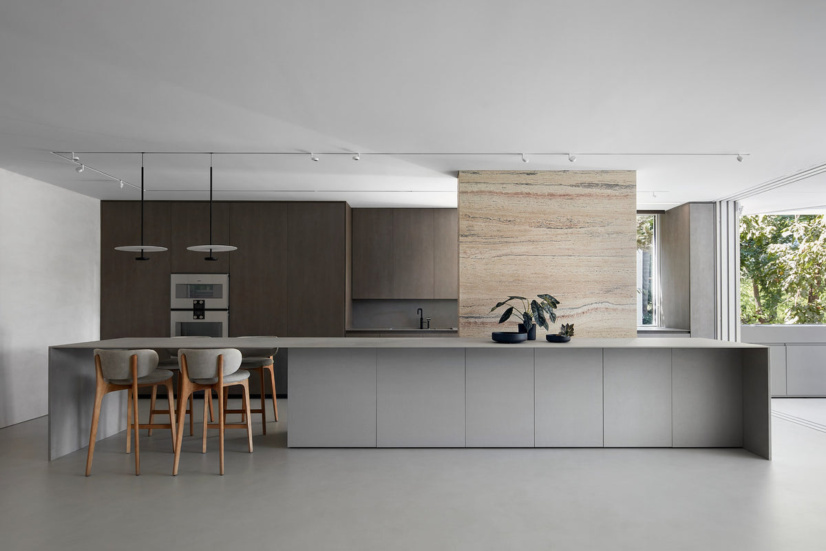 Richmond Bar Stools at a long grey kitchen island in a minimalist home