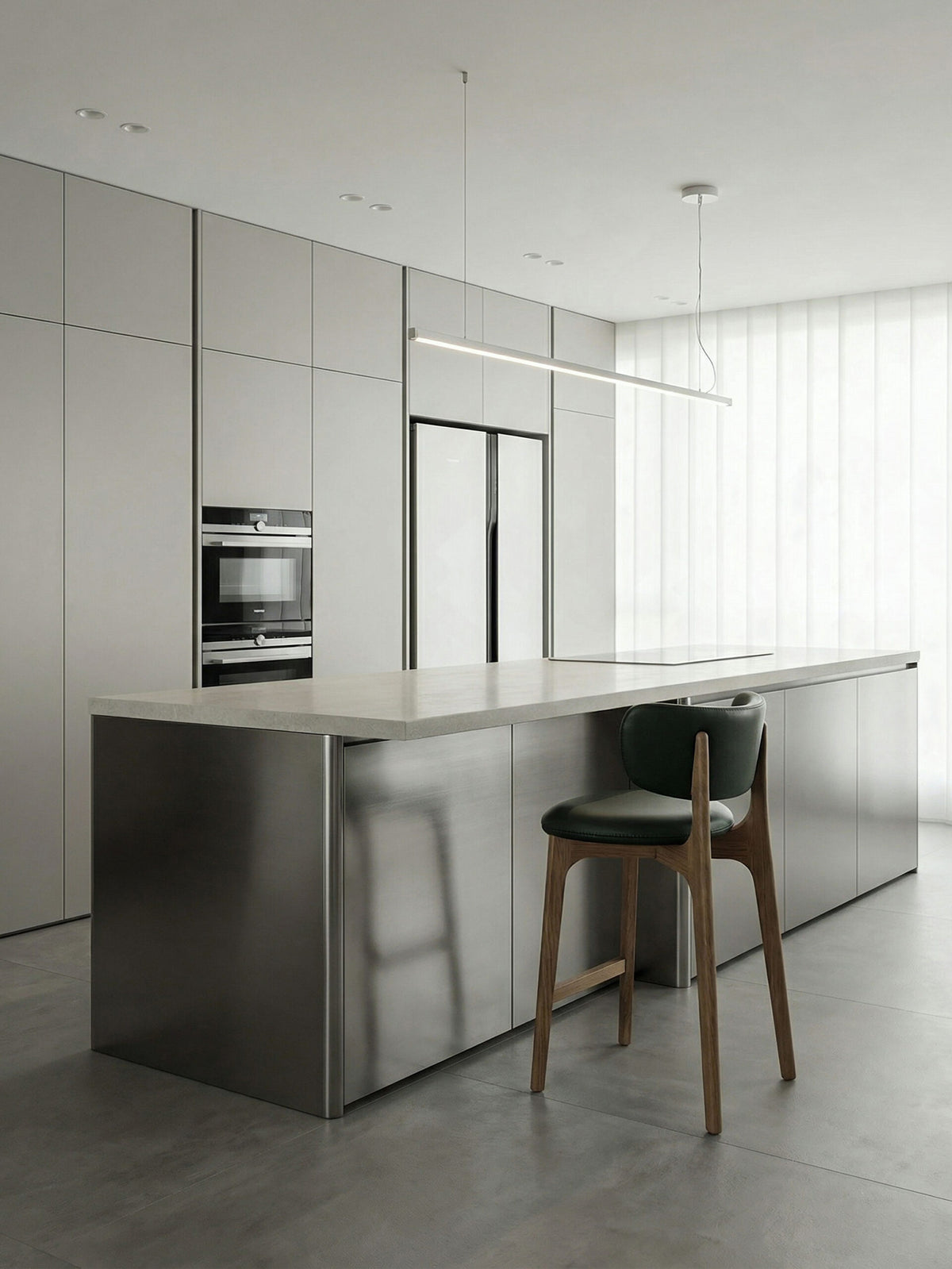 Richmond Bar Stool with dark green seat at a stainless steel kitchen island