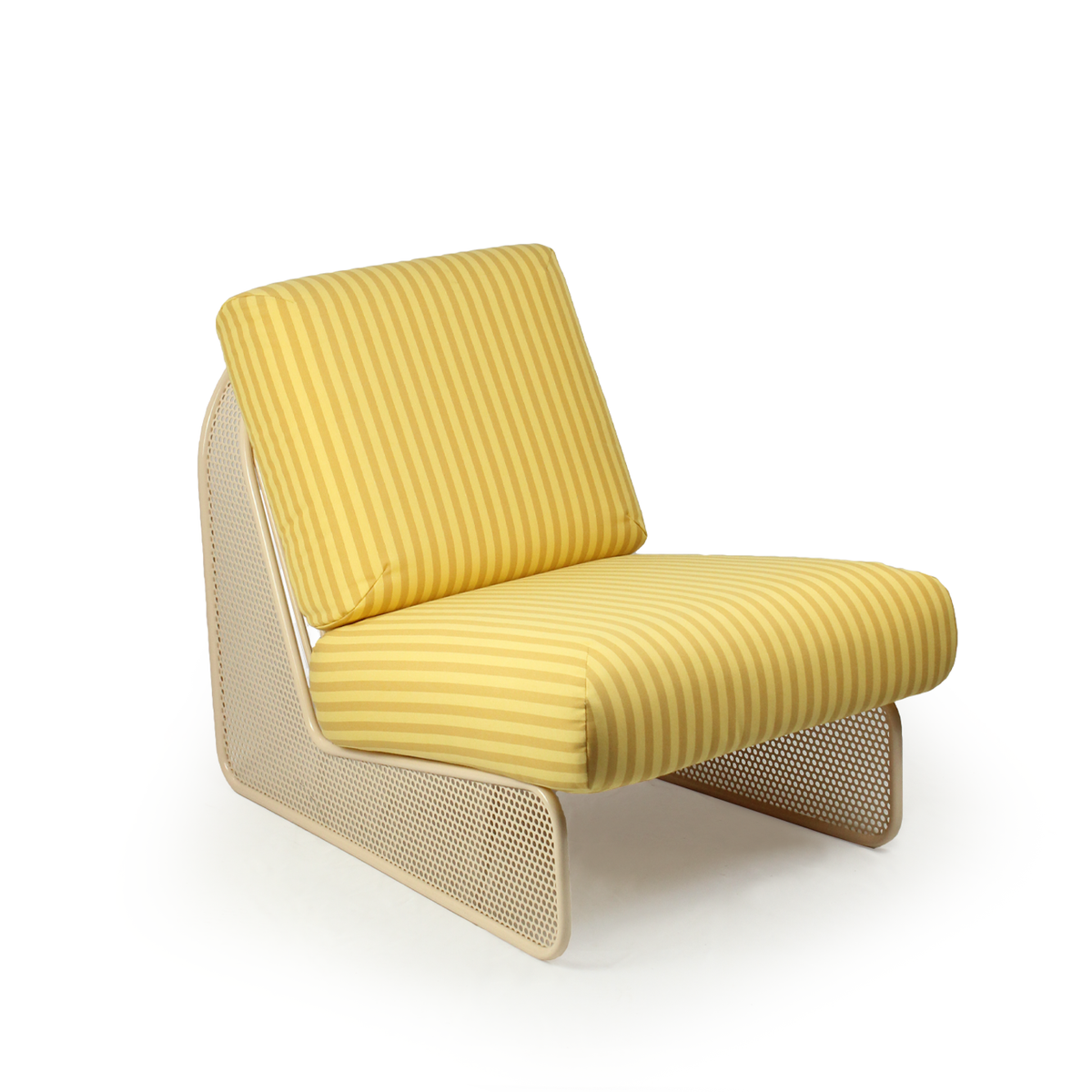 Riviera Armchair in yellow Awning Stripe with Ivory frame, studio three-quarter view