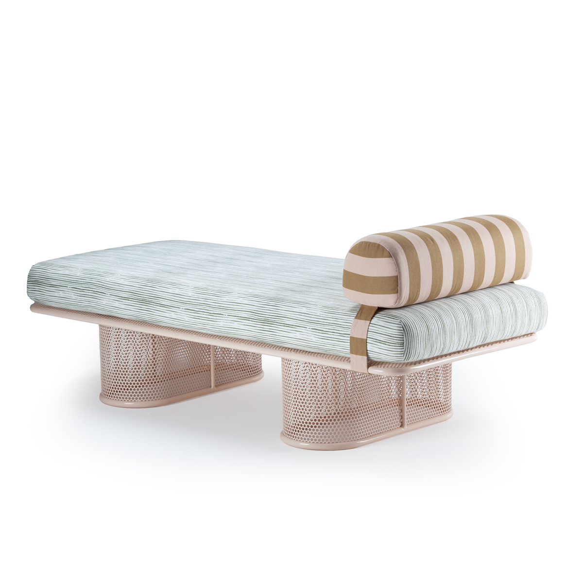 Riviera Bench in pale blue with striped bolster on pink perforated base