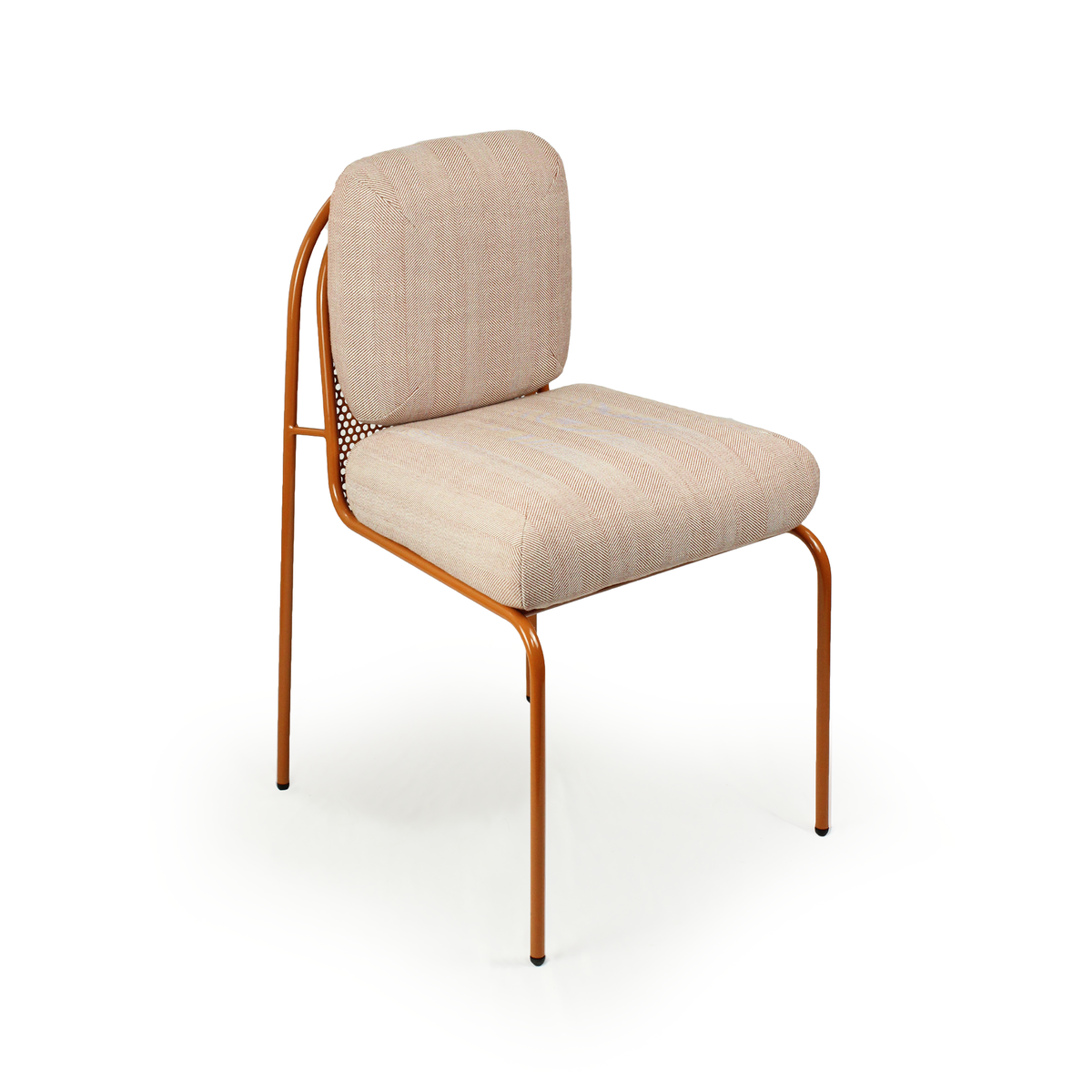 Riviera Chair in pale pink upholstery with terracotta frame, three-quarter view