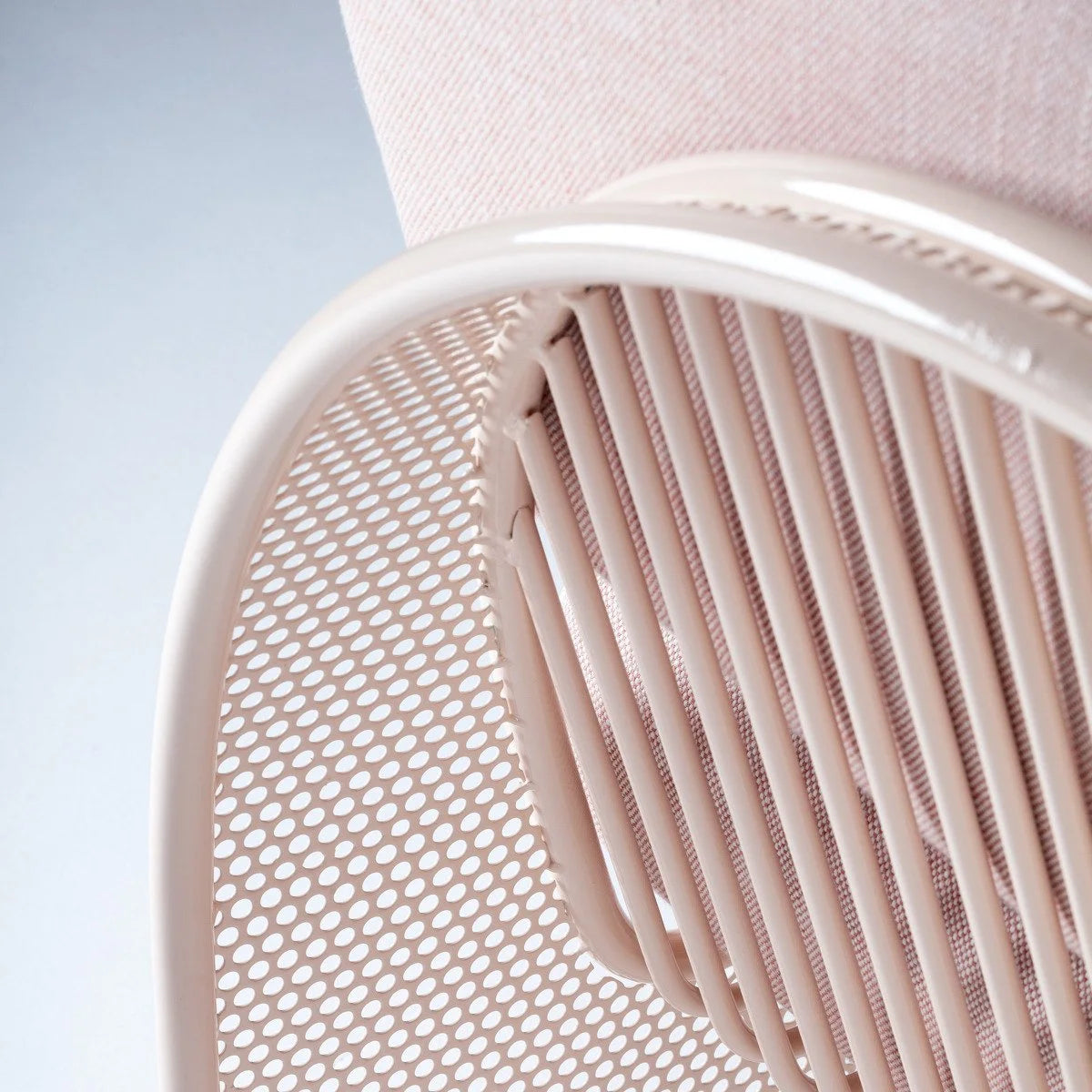 Riviera Modular Sofa - 1 Seat close-up of the perforated backrest and slatted blush frame