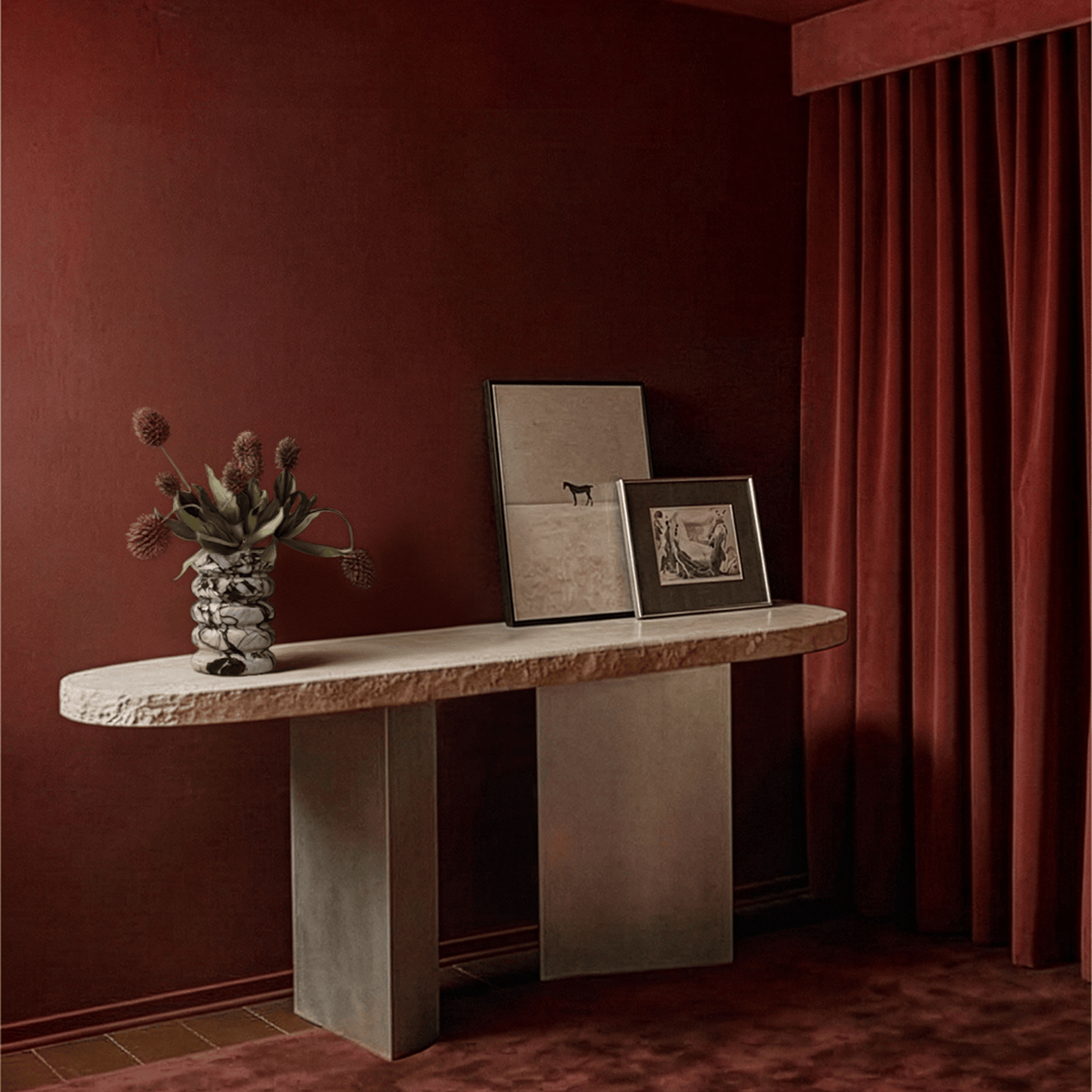 On The Rocks Console Table styled with art and flowers in a deep red room