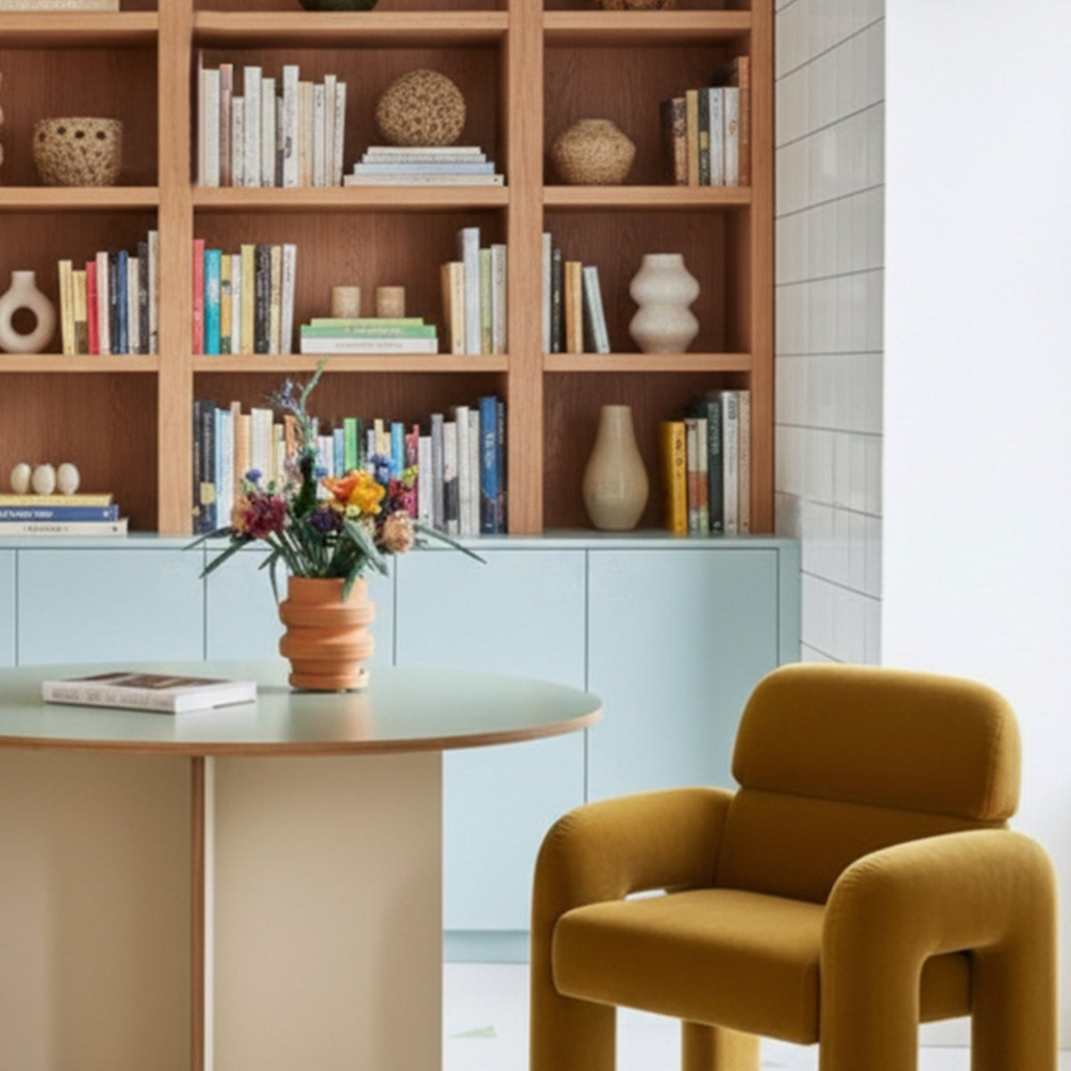 Vertigo Dining Chair in mustard velvet beside a round dining table and bookshelves