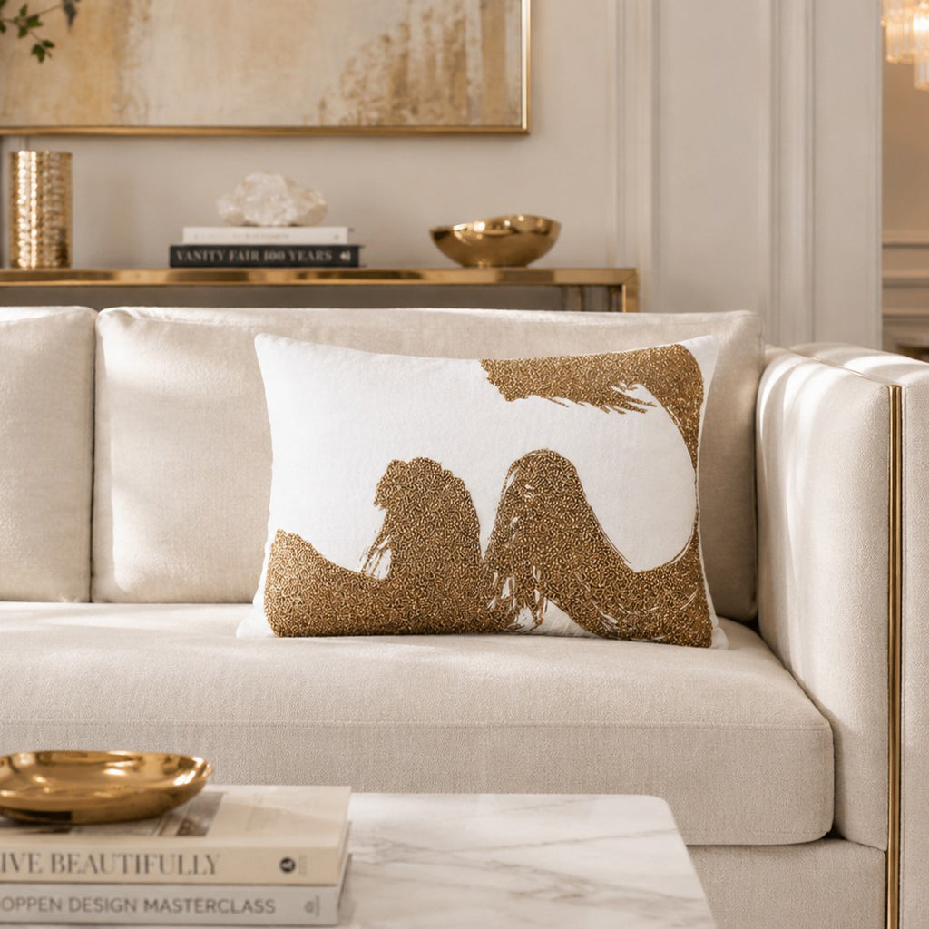 Sayra Pillow, Ivory Gold, styled in a living room by Maison Burgos