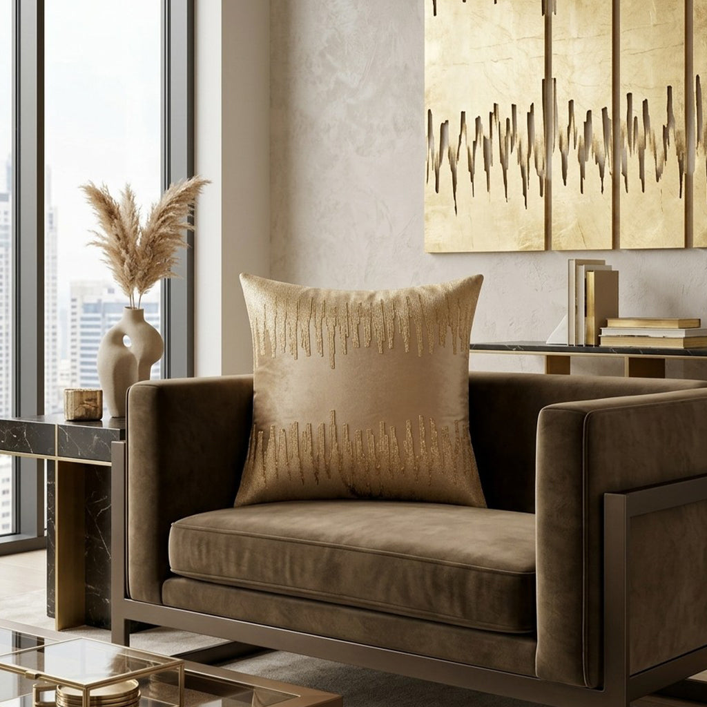 Sayra Stone Pillow - Gold, styled in a living room by Maison Burgos