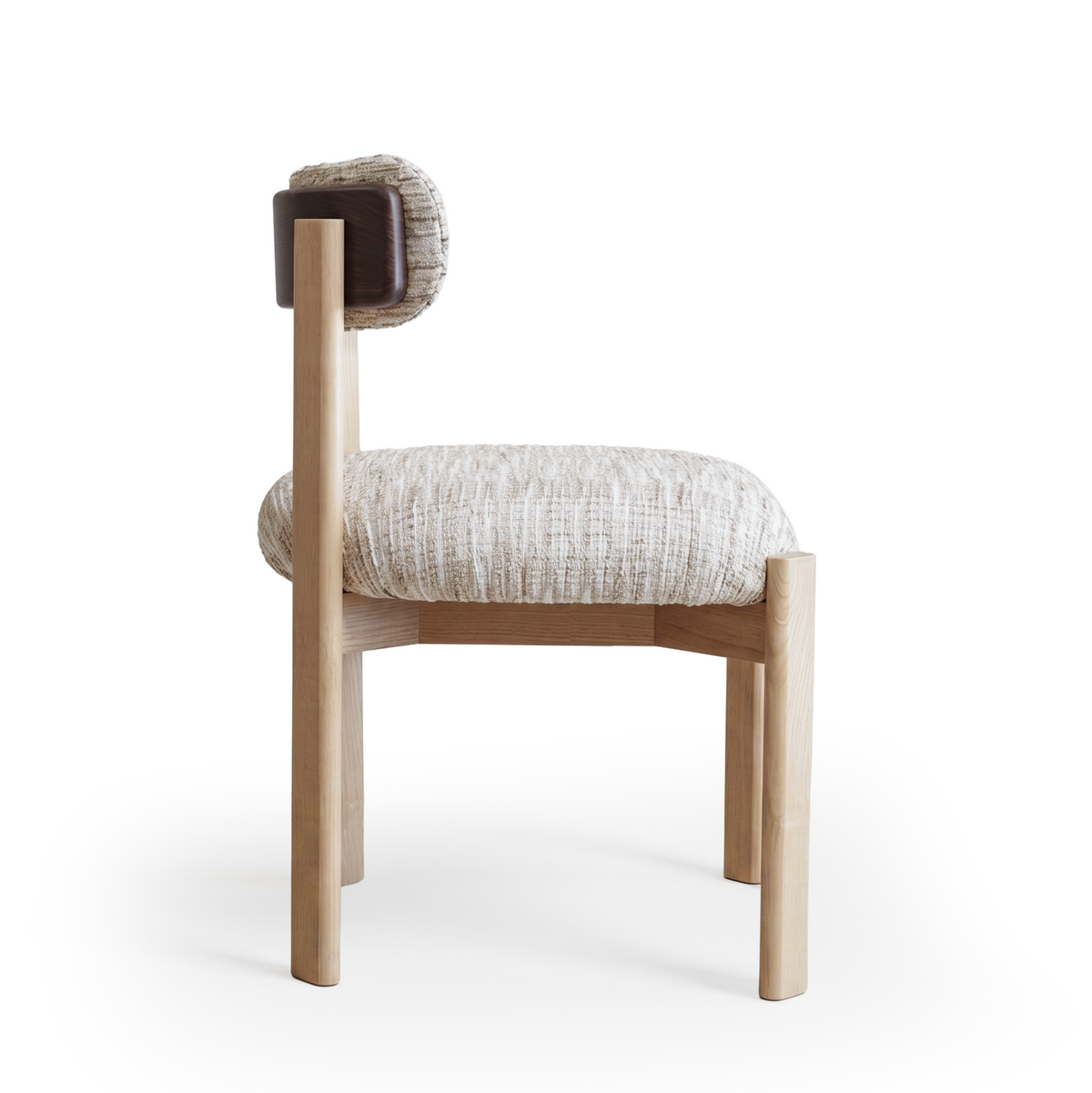 Siena Dining Chair in textured cream weave with natural wood frame, side view