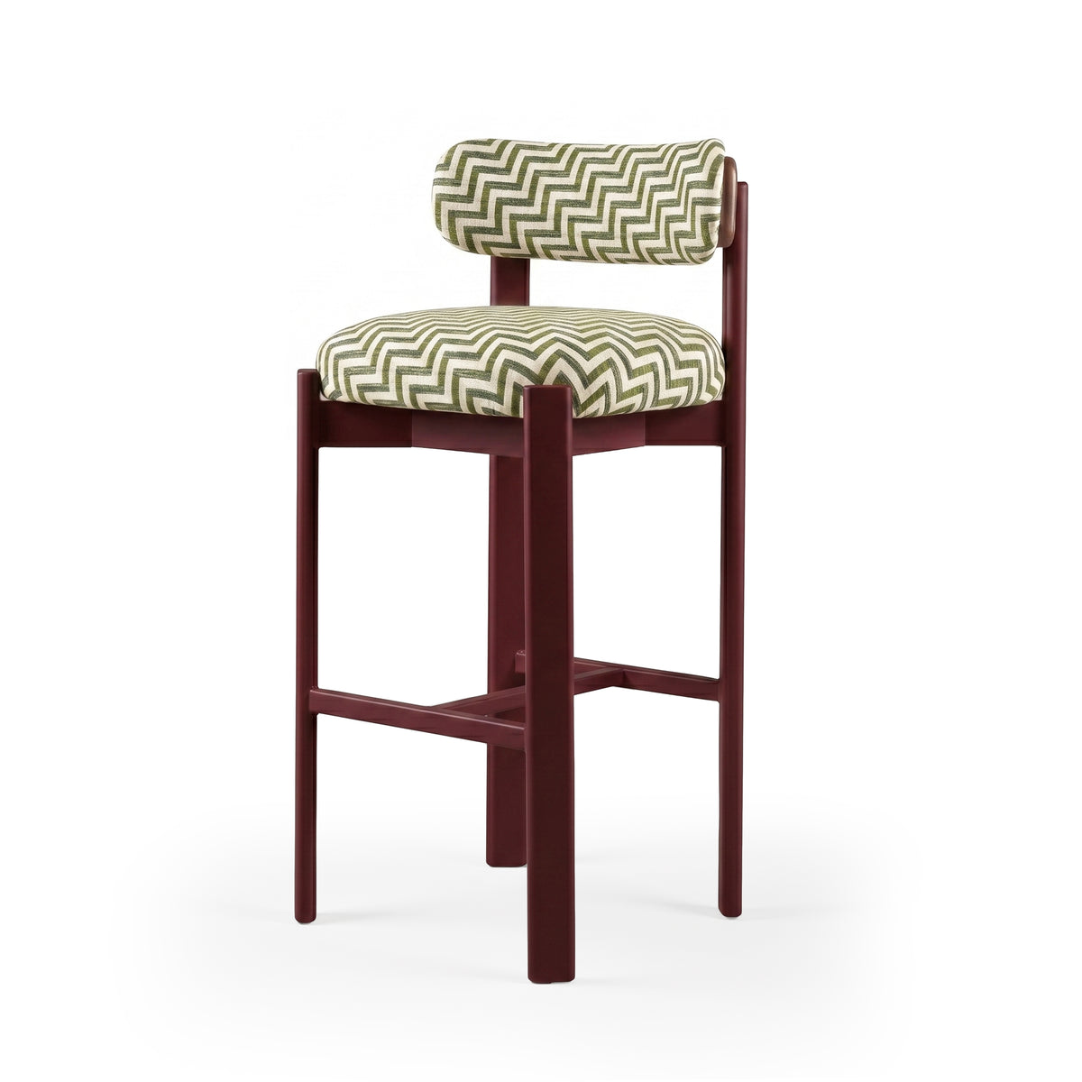 Siena bar stool front view, green chevron upholstery on wine lacquered frame