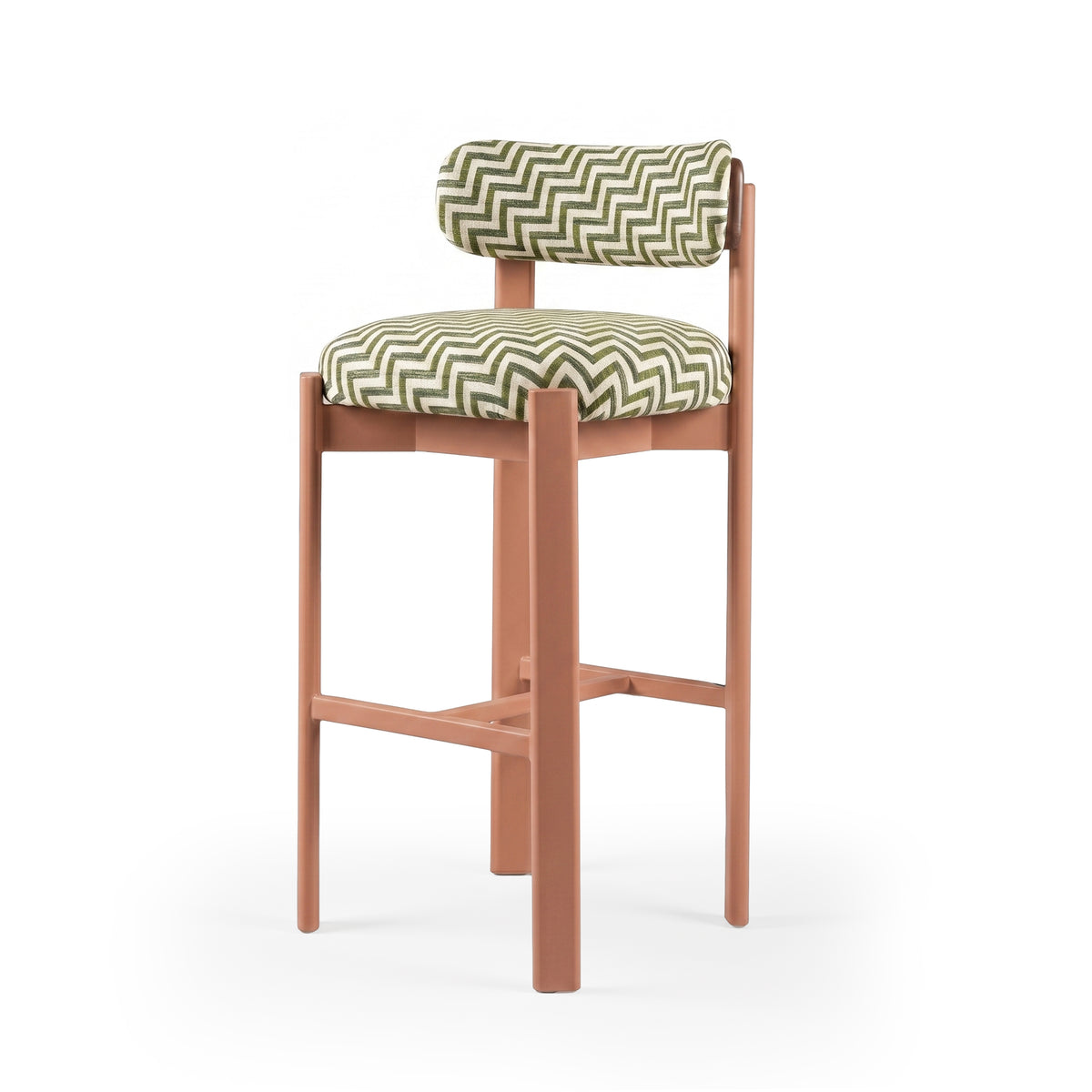 Siena bar stool front view, green chevron upholstery on powder pink frame