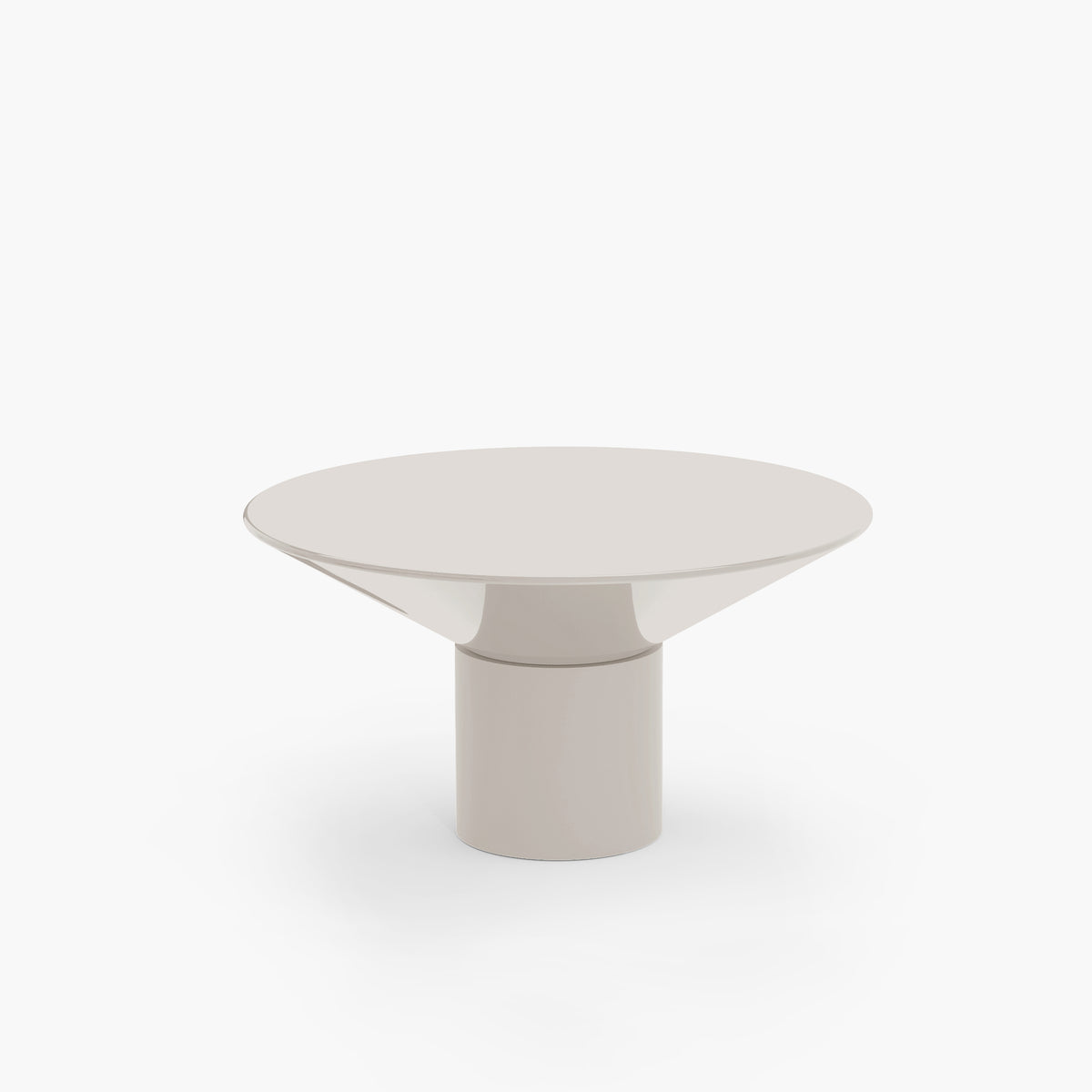 Silo Dining Table in Off White lacquer, three-quarter view on white