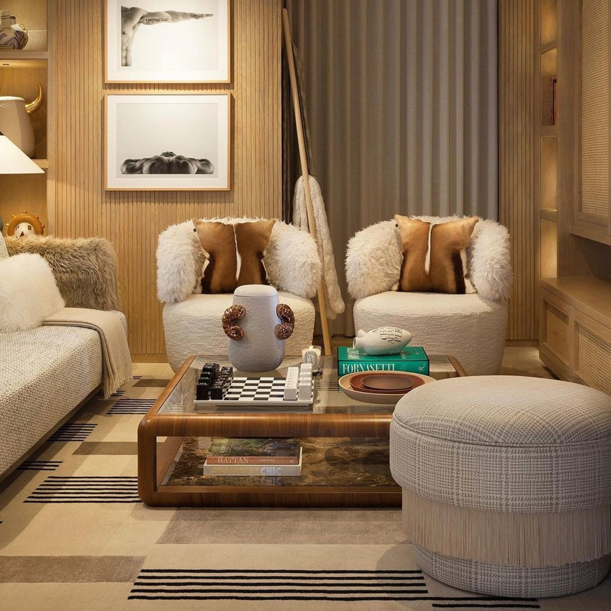 Single Man Deluxe Sofa in a wood-panelled living room with shearling chairs