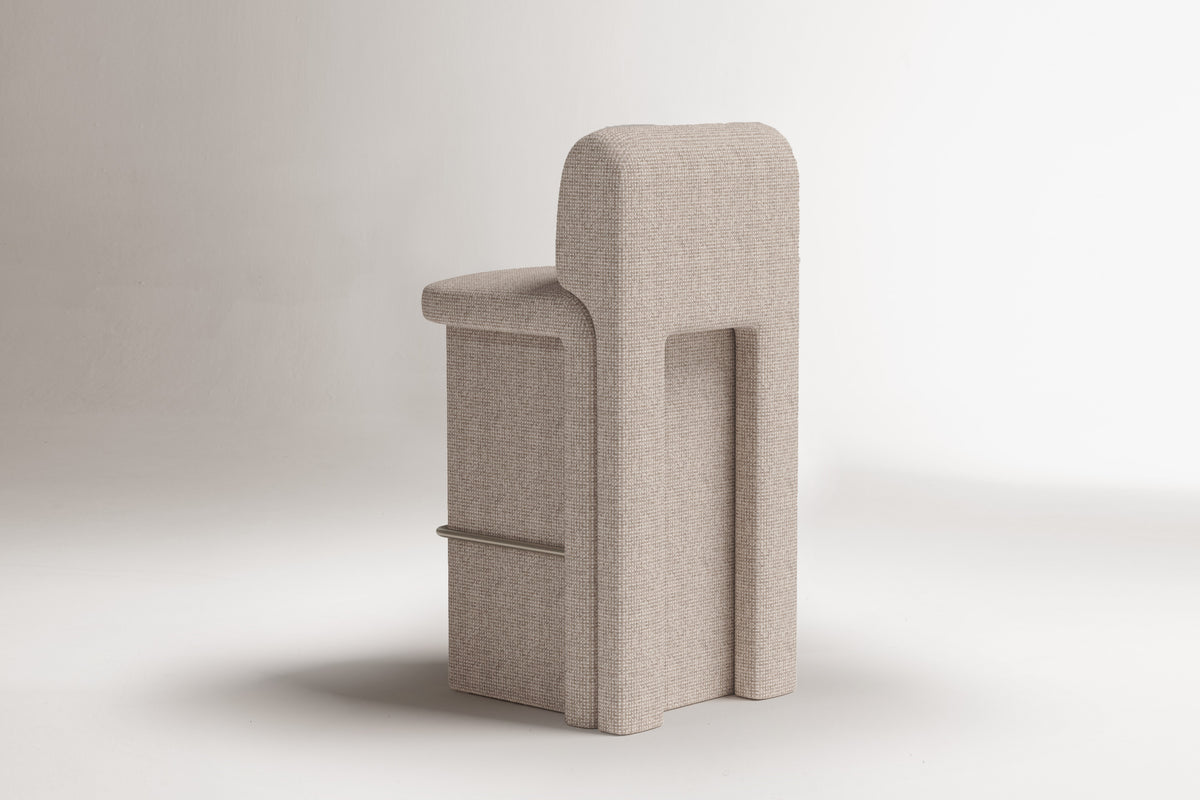 Slide Bar and Counter Chair in taupe fabric, back view, by Maison Burgos