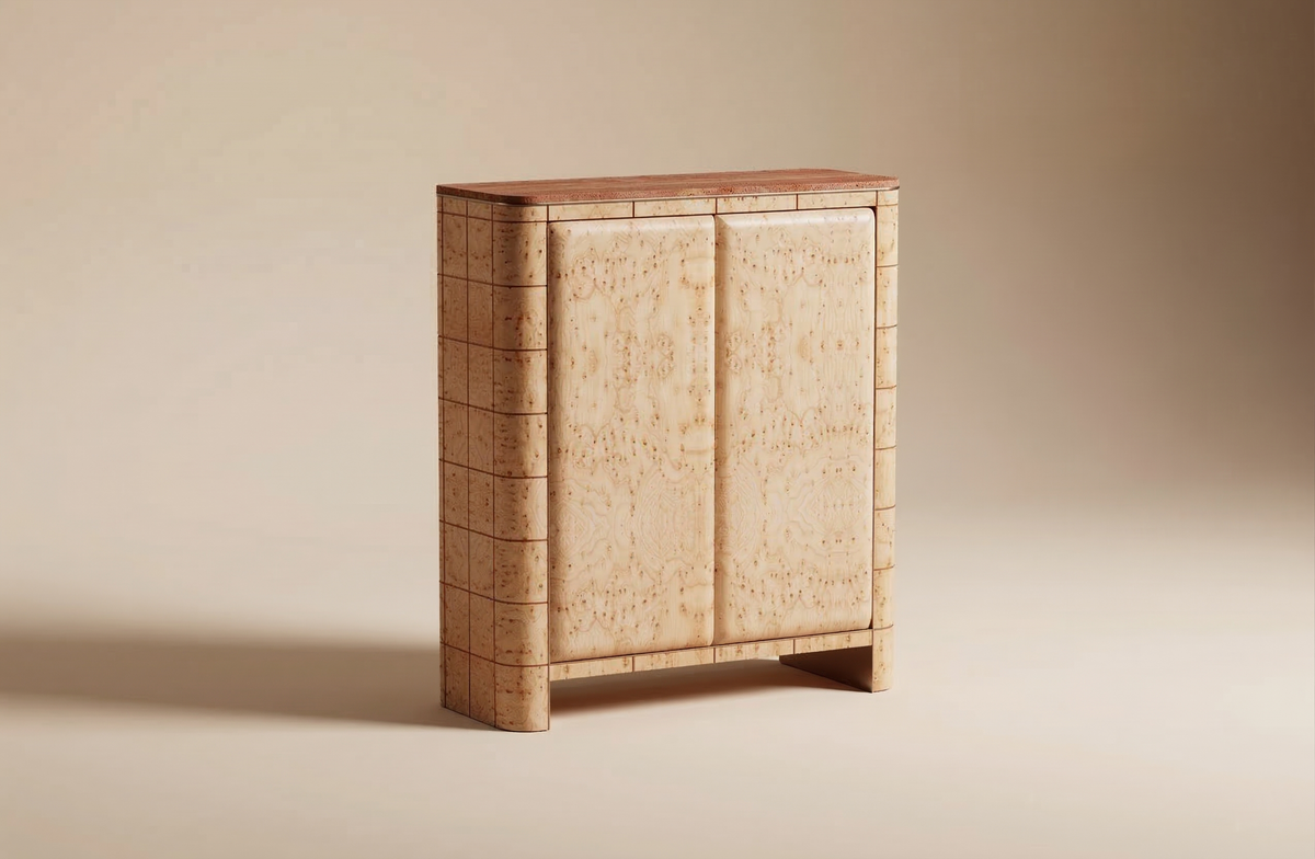 Soft Cage Bar Cabinet in birds eye wood, angle view, by Maison Burgos