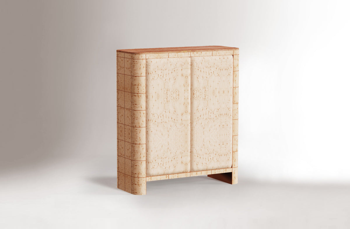 Soft Cage Bar Cabinet in birds eye wood with wine lacquer lines, front view, by Maison Burgos