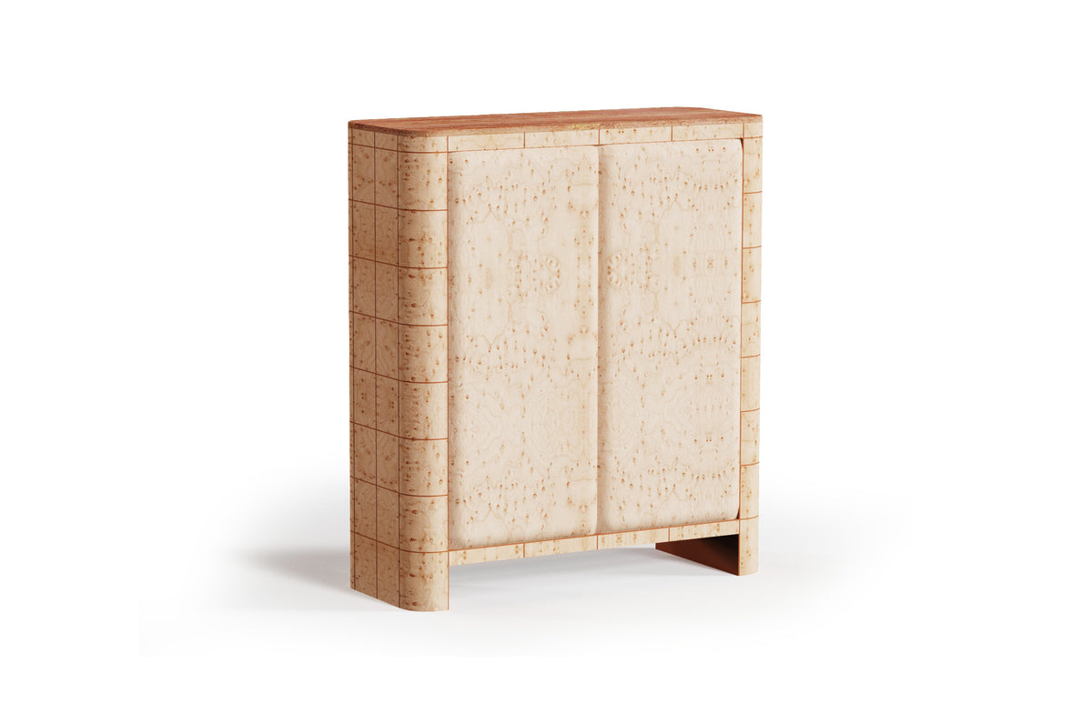 Soft Cage Bar Cabinet in birds eye wood and wine lacquer on white background by Maison Burgos