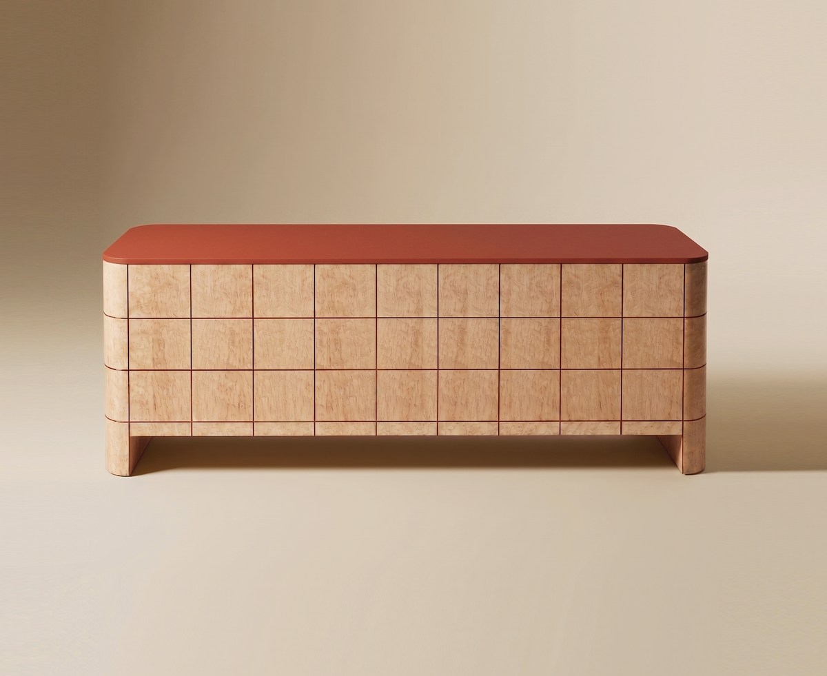 Soft Cage Sideboard watermelon lacquer, back view, by Maison Burgos