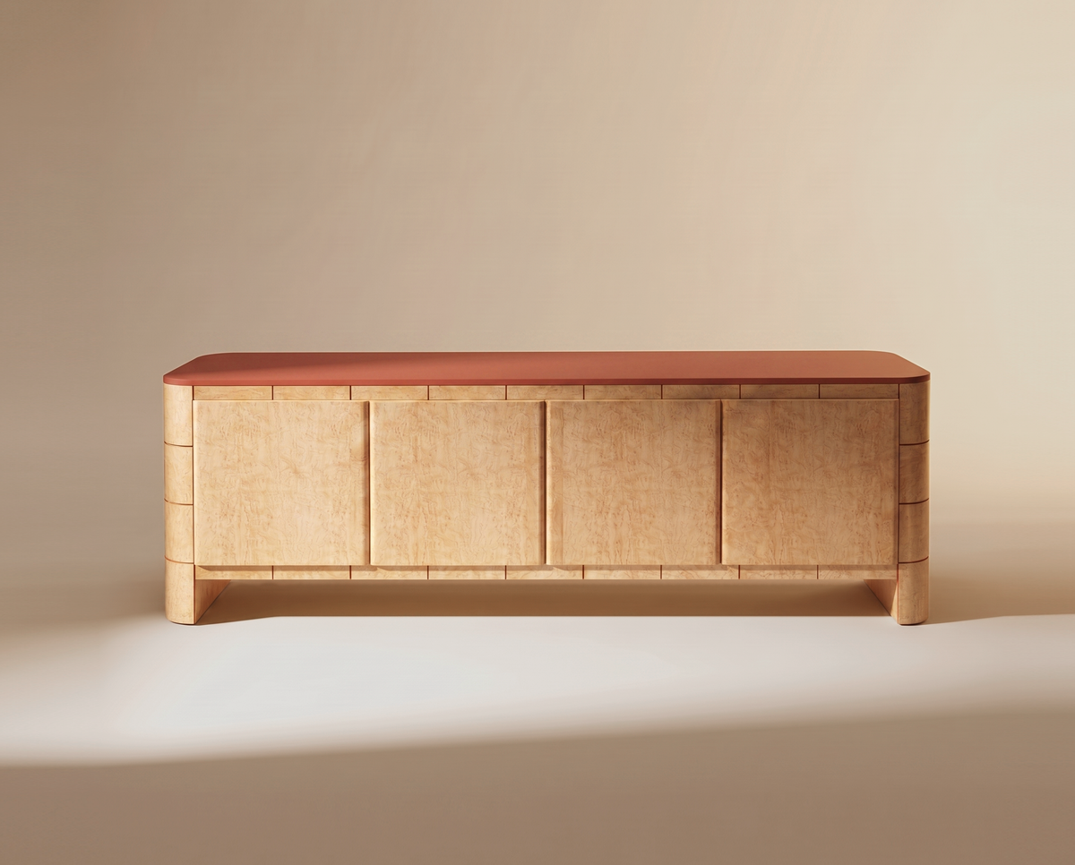Soft Cage Sideboard in birds eye wood with watermelon lacquer top by Maison Burgos