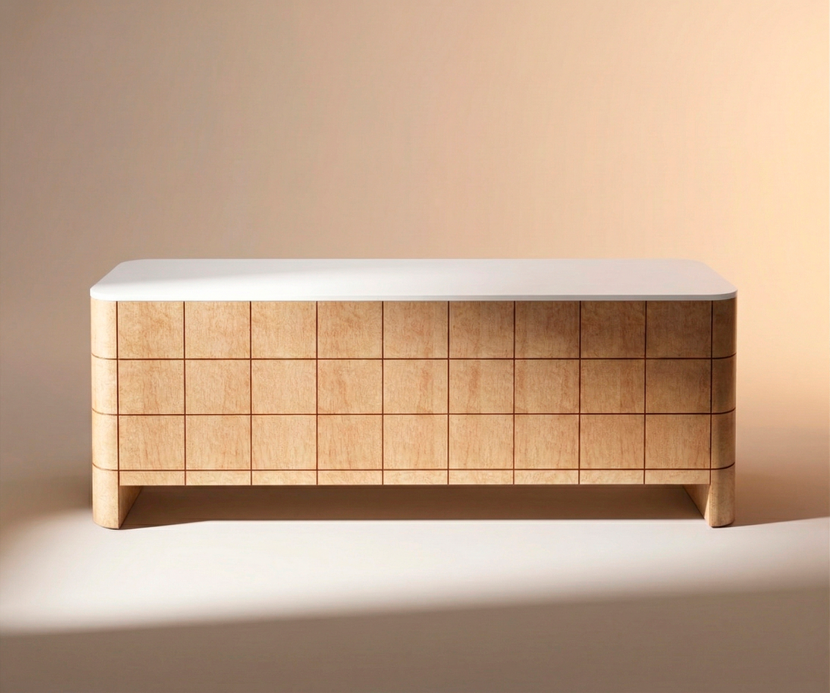 Soft Cage Sideboard in birds eye wood and white lacquer, back view, by Maison Burgos