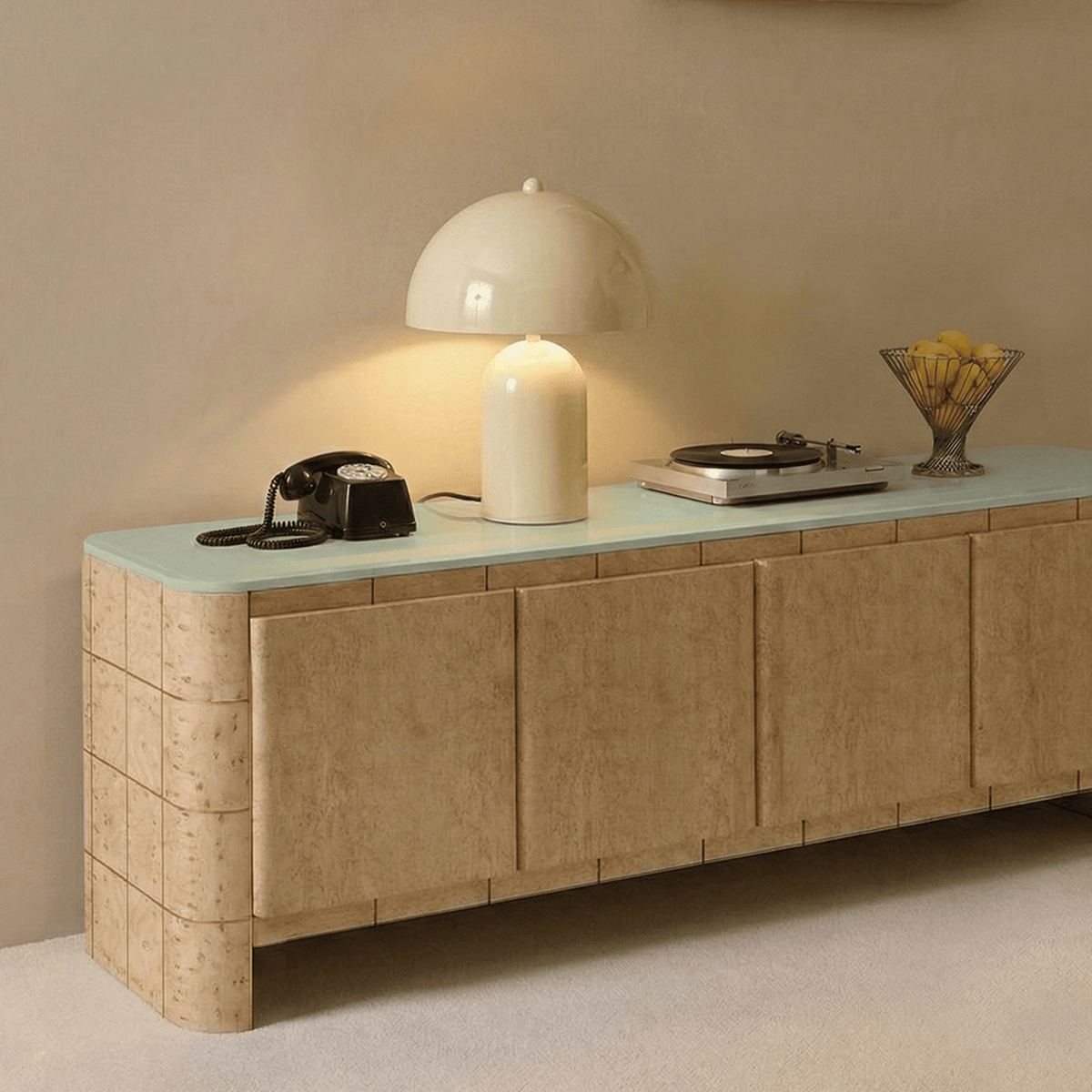 Soft Cage Sideboard in Birds Eye Wood with mint top, styled with a lamp and turntable