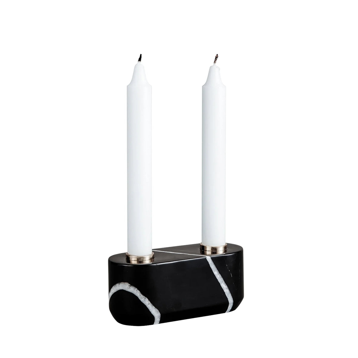 Sons of Marble Candle Holder - Double in black marble with white veining and two white candles
