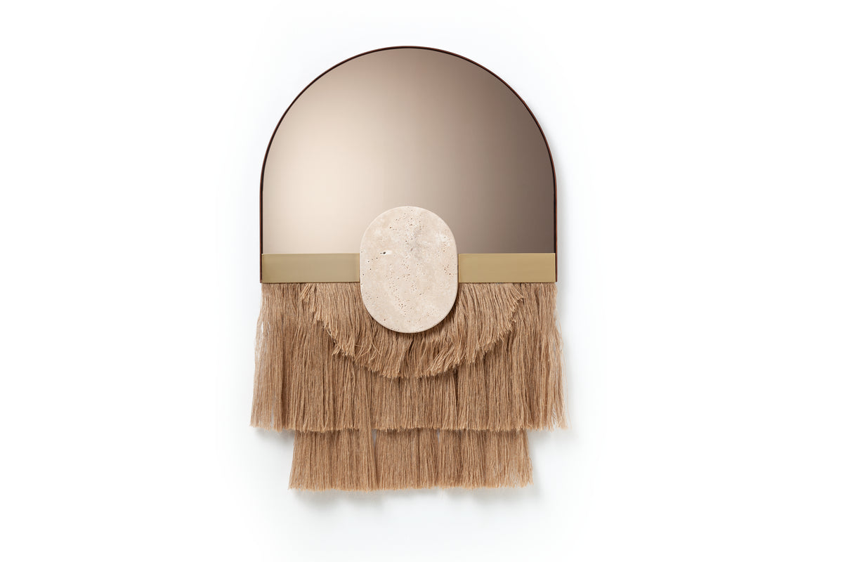 Souk Ecru Mirror Cream with layered fringe and travertine oval, front view on white