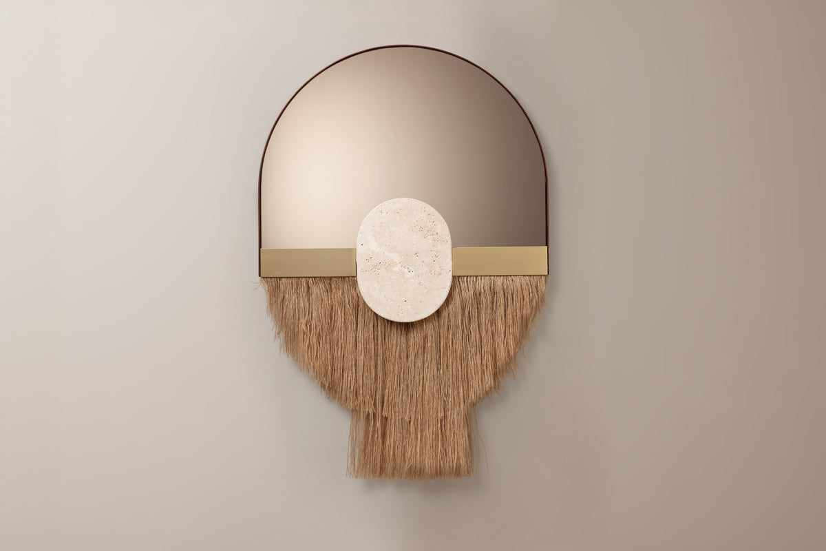 Souk Ecru Mirror Linen with straight fringe on a taupe wall