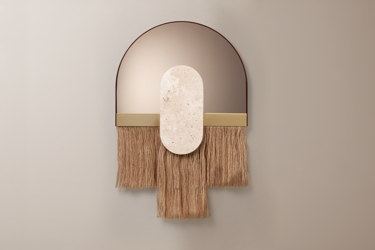 Souk Ecru Mirror Shell: arched mirror with travertine oval and fringe trim
