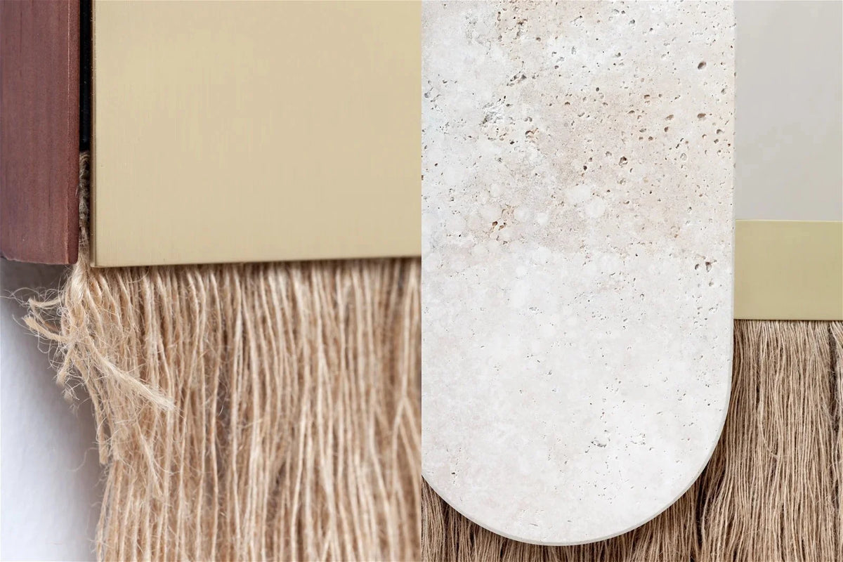 Souk Ecru Mirror Shell close-up of travertine oval, brass band and fringe