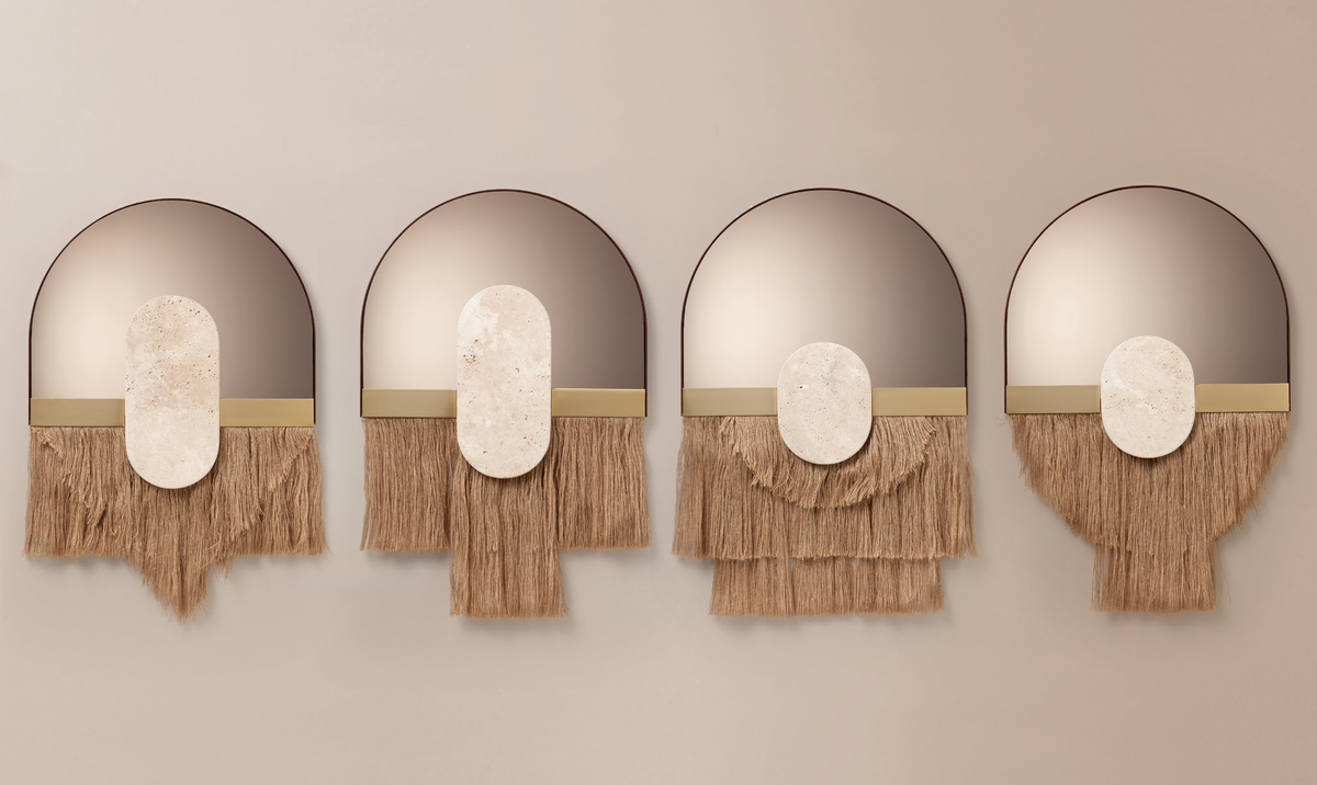 Souk Ecru Mirror Shell shown in four fringe variations side by side