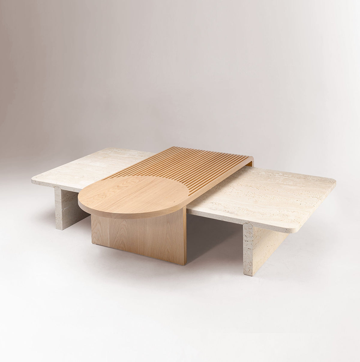 Stick and Stone Coffee Table with Natural Oak round top over Travertine slab