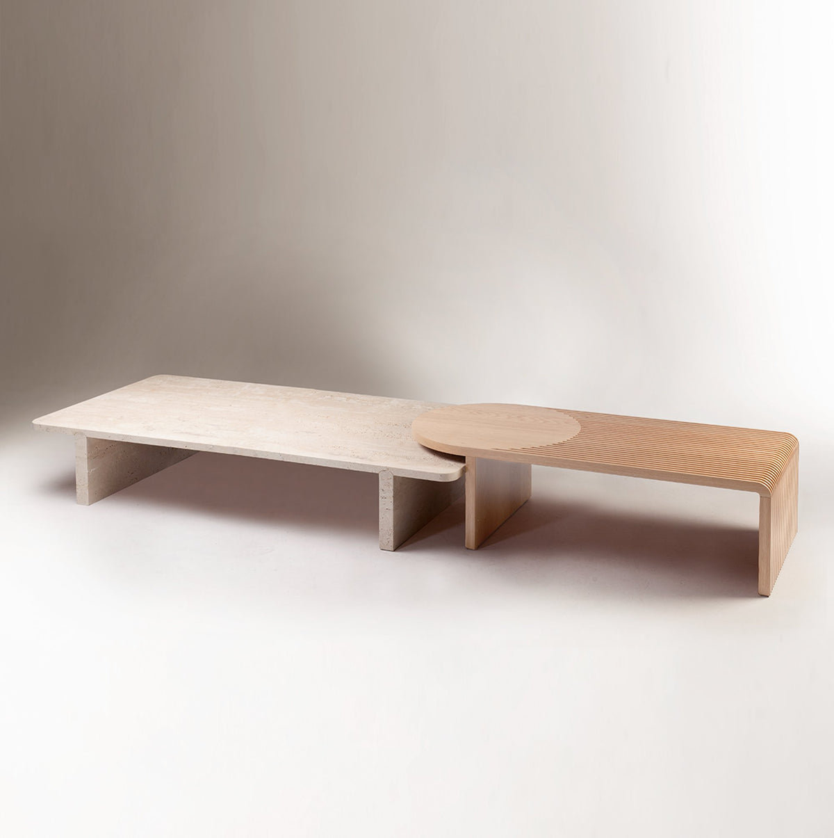 Stick and Stone Coffee Table low profile view with travertine and oak tables