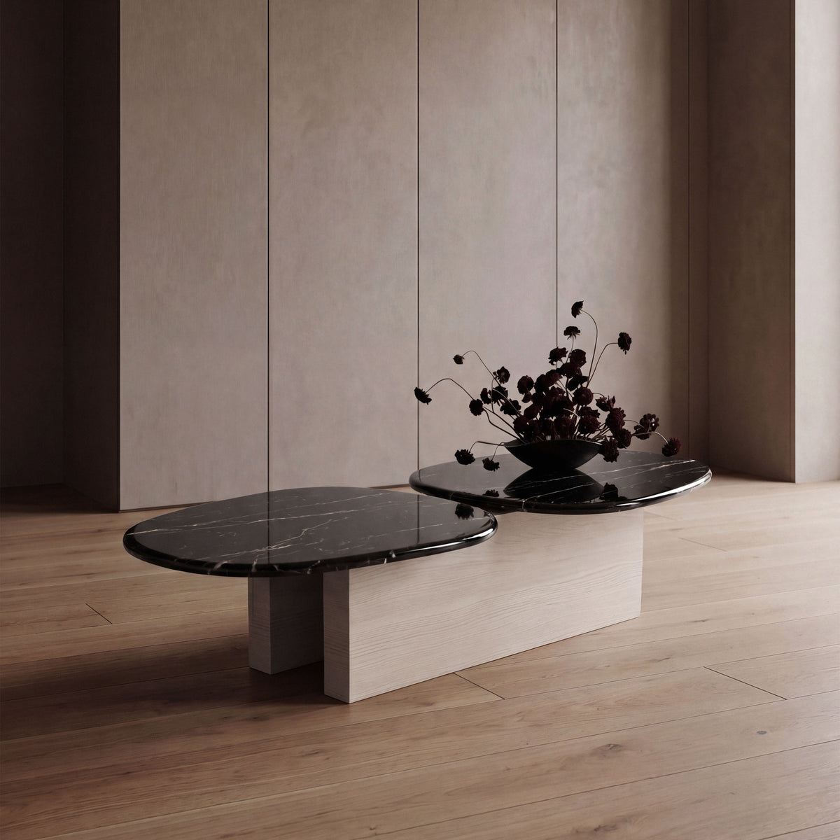 Taras Coffee Table with black marble tops on light oak, wide room view