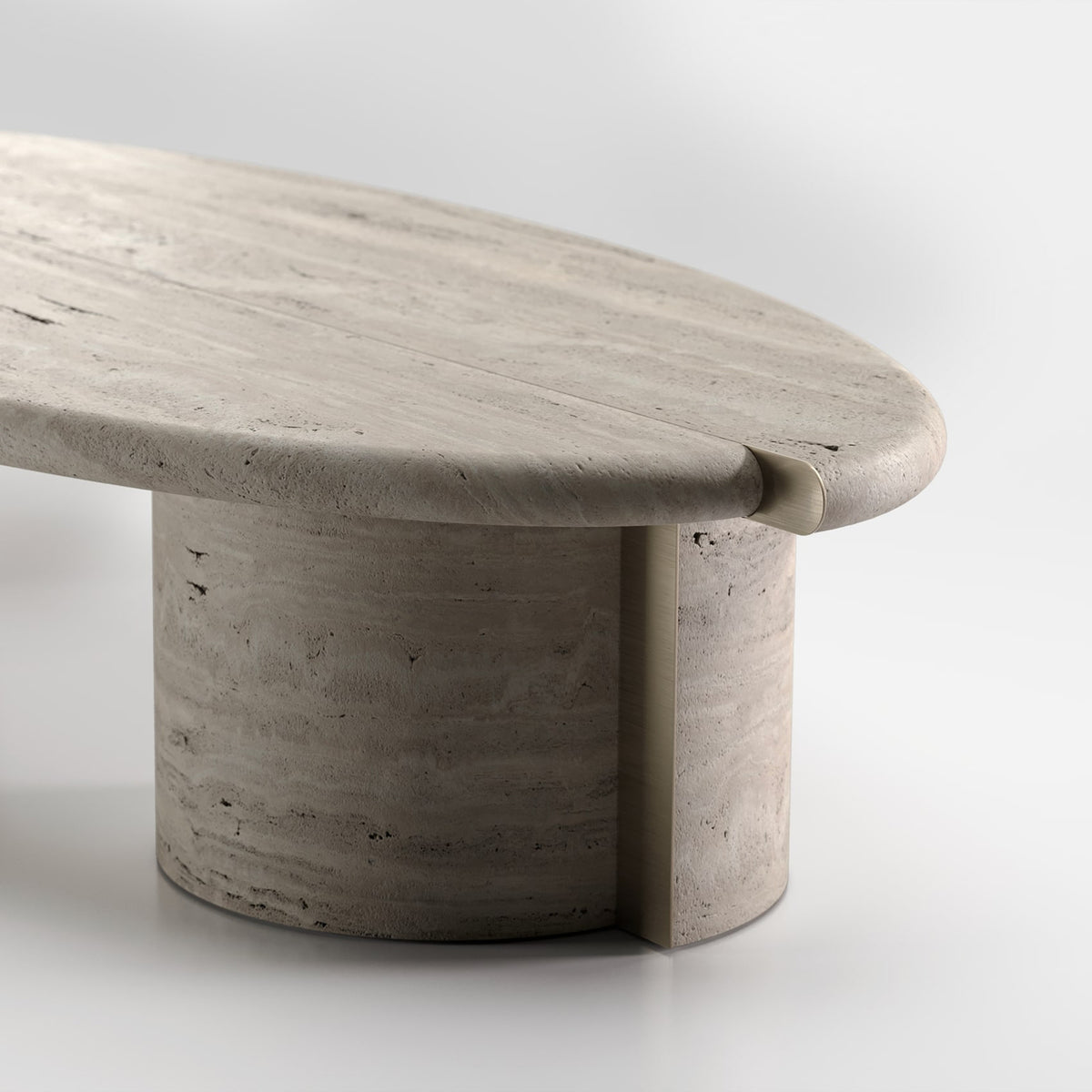 Tayma X Coffee Table close-up of the travertine top edge and base