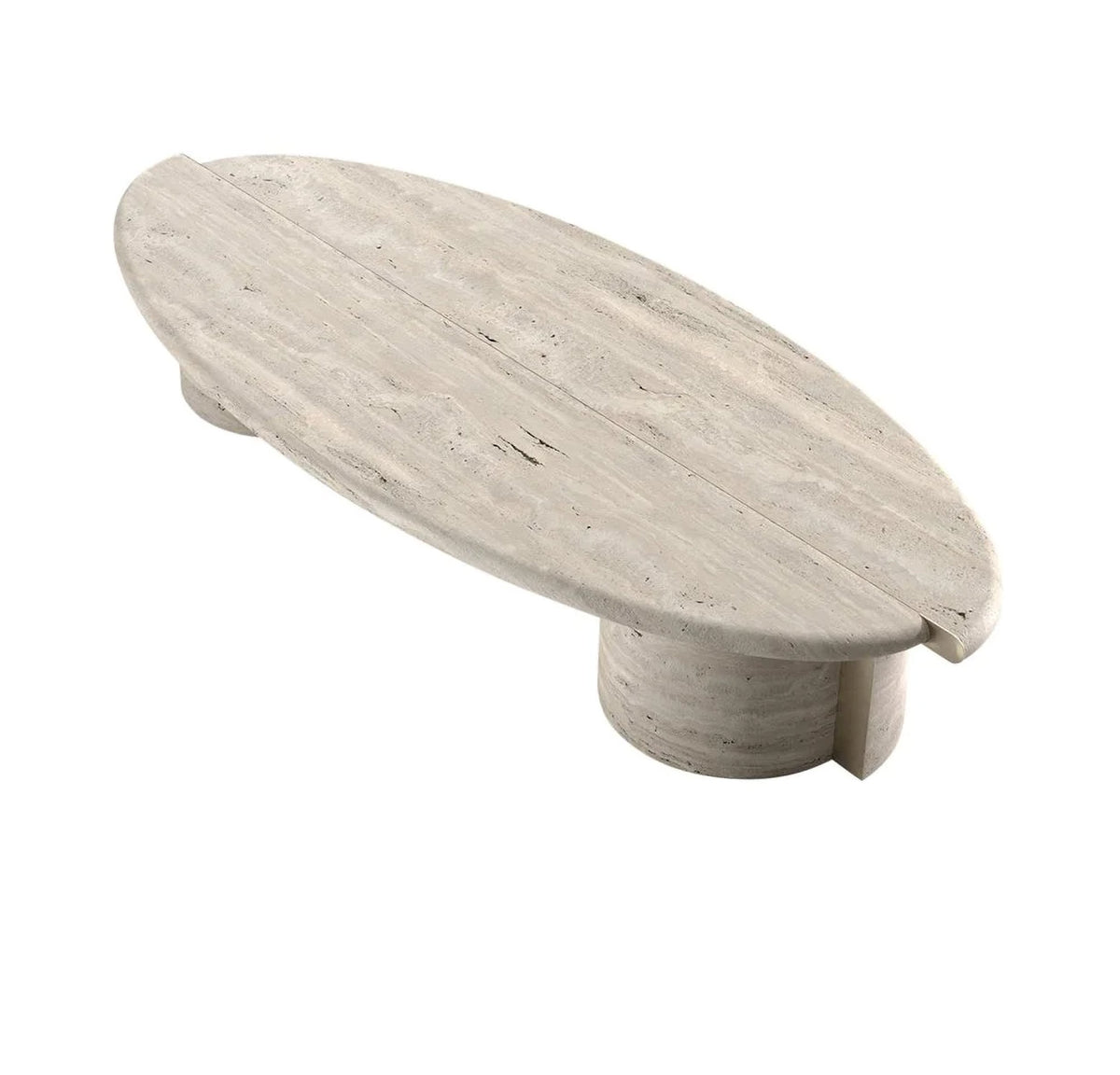 Tayma X Coffee Table with oval travertine-look top, top three-quarter view