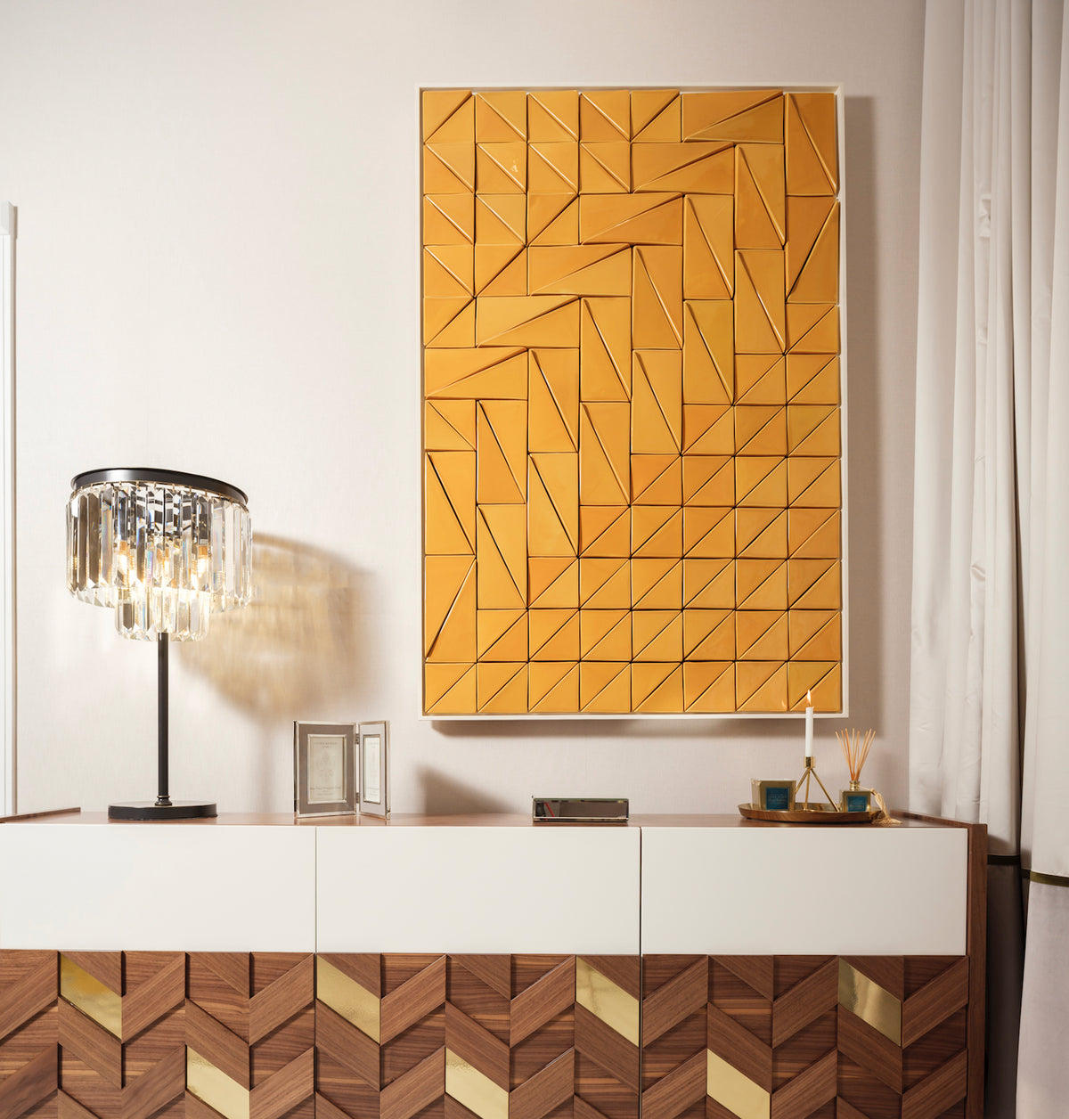 Tejo Panel in Yellow above a white and walnut sideboard with crystal lamp