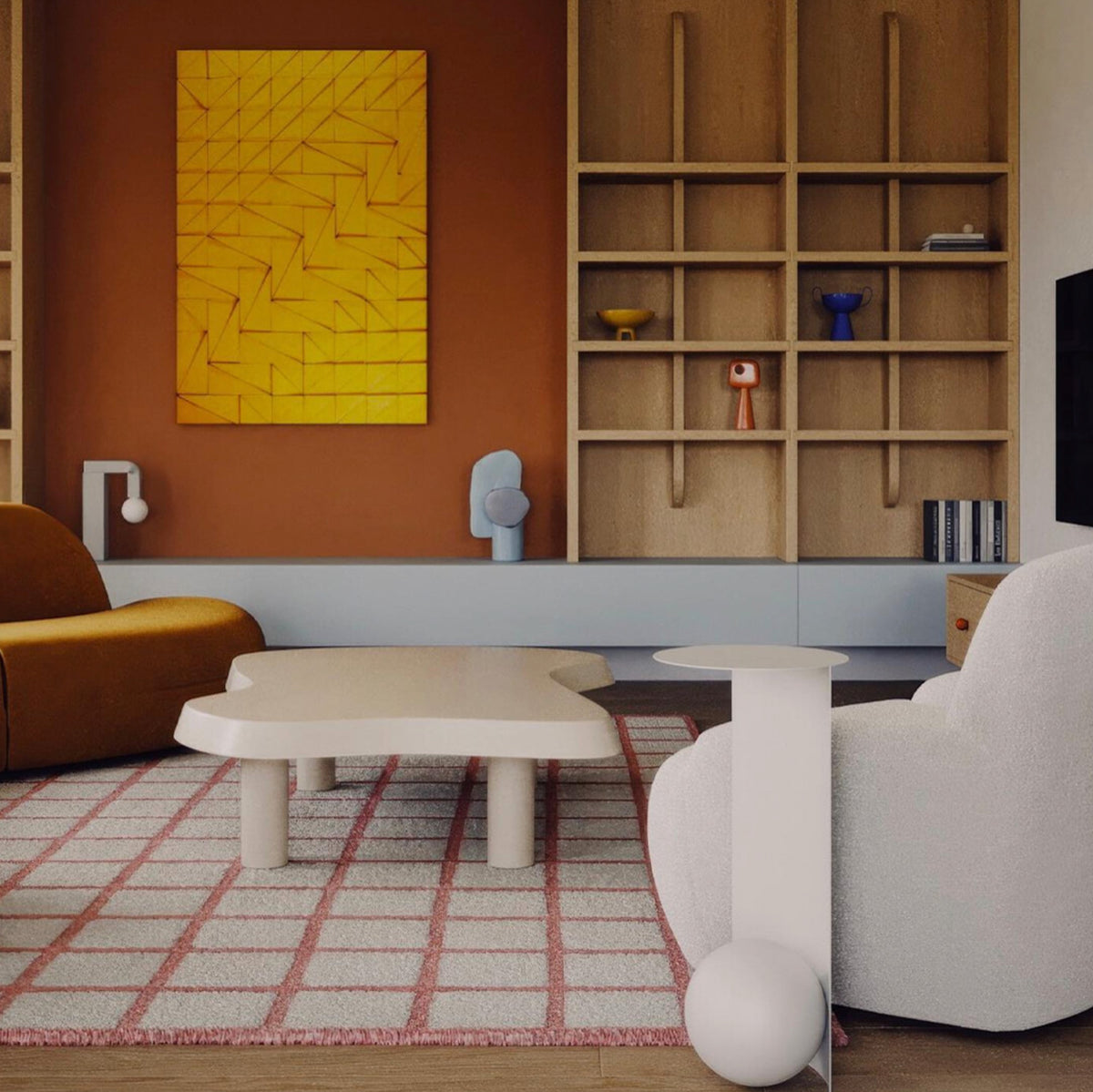 Tejo Panel in Yellow on a rust wall in a living room with oak shelving