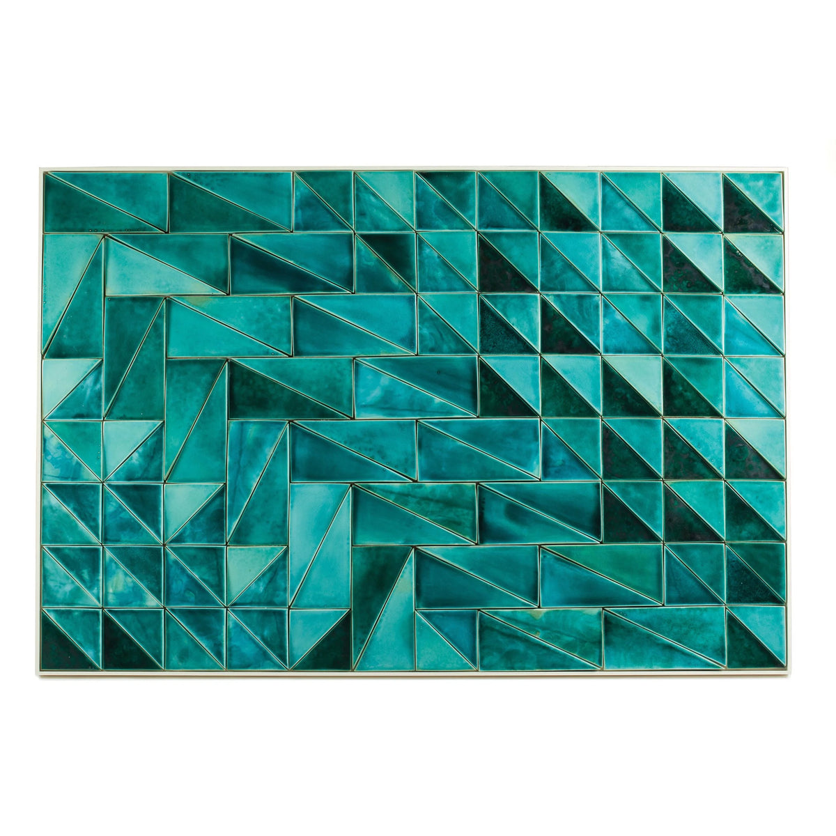Tejo Panel in Jade glazed ceramic tiles with geometric triangles, front view