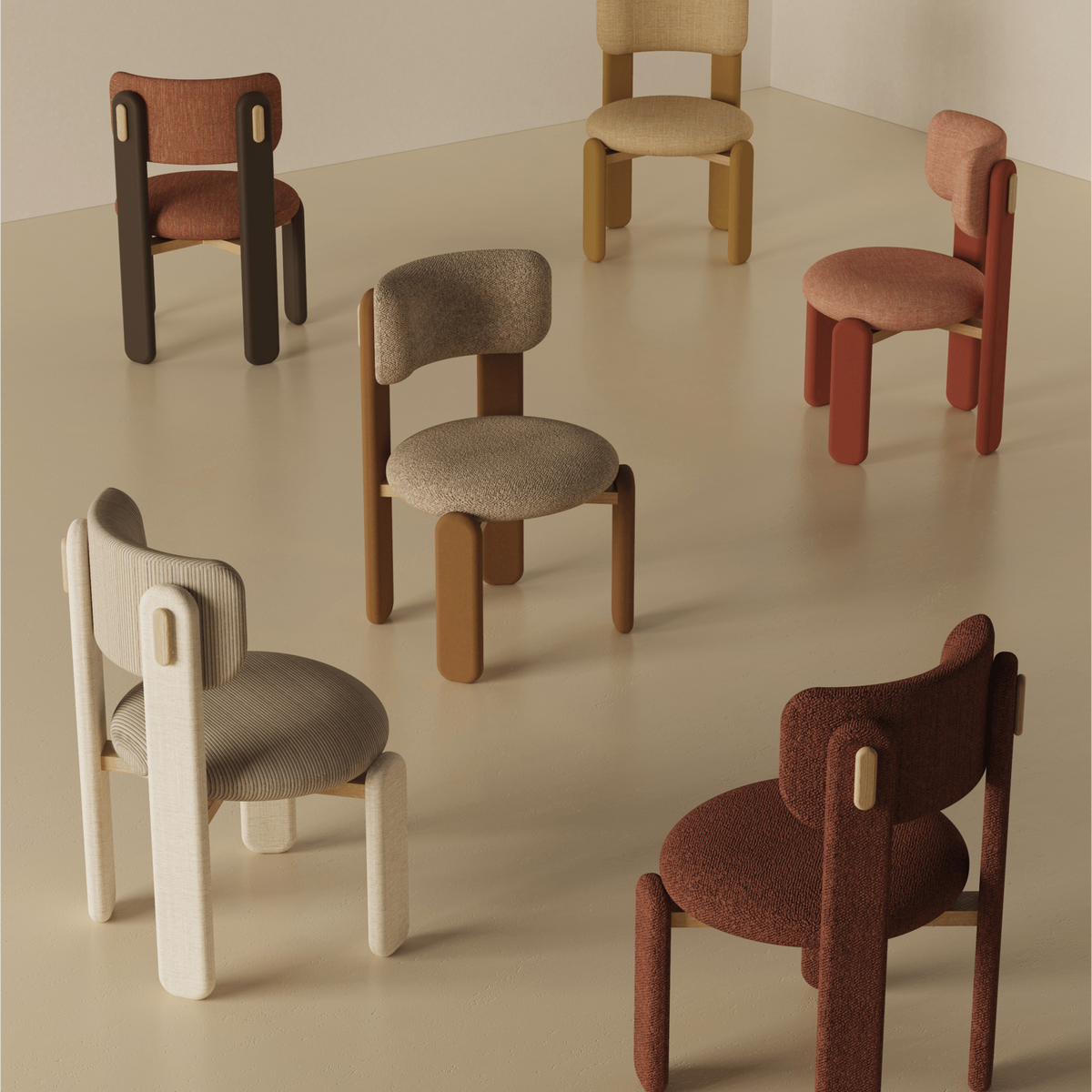 Choux Dining Chair group in assorted colours on a beige floor
